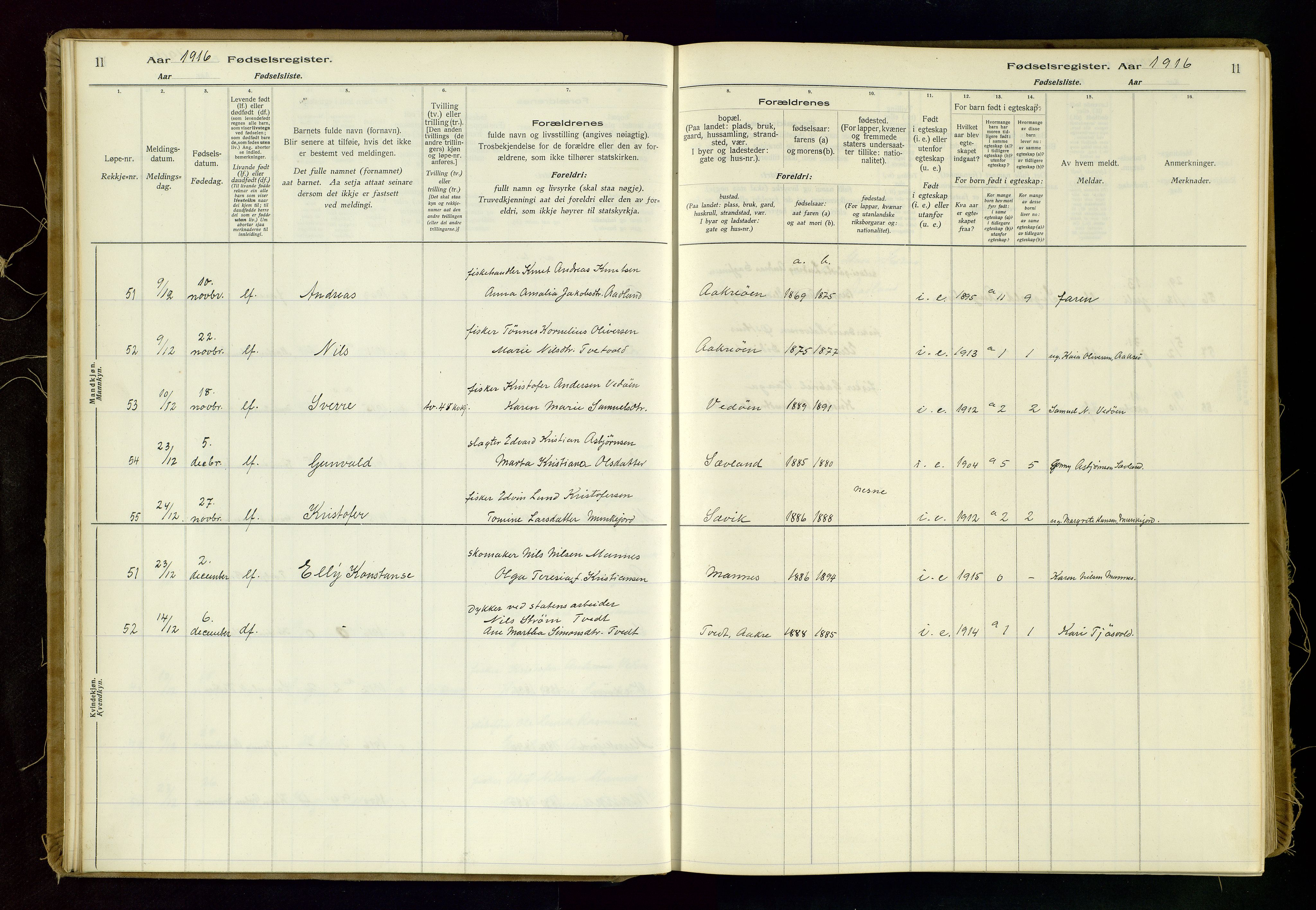 Kopervik sokneprestkontor, AV/SAST-A-101850/I/Id/L0006: Birth register no. 6, 1916-1934, p. 11