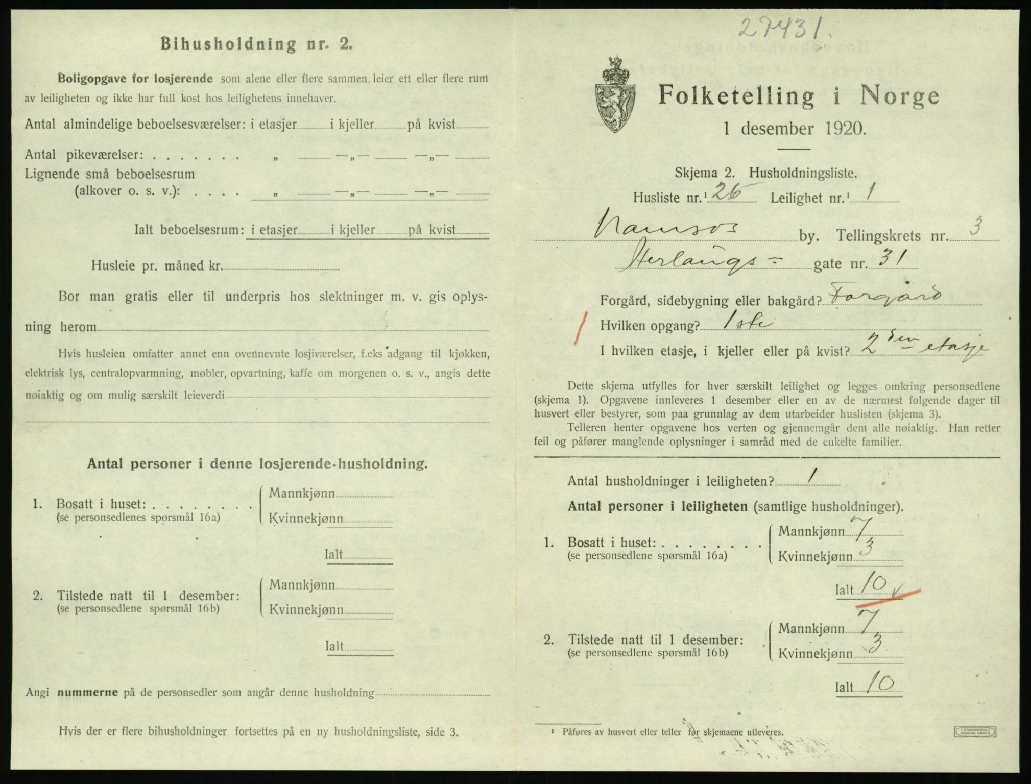 SAT, 1920 census for Namsos, 1920, p. 1217