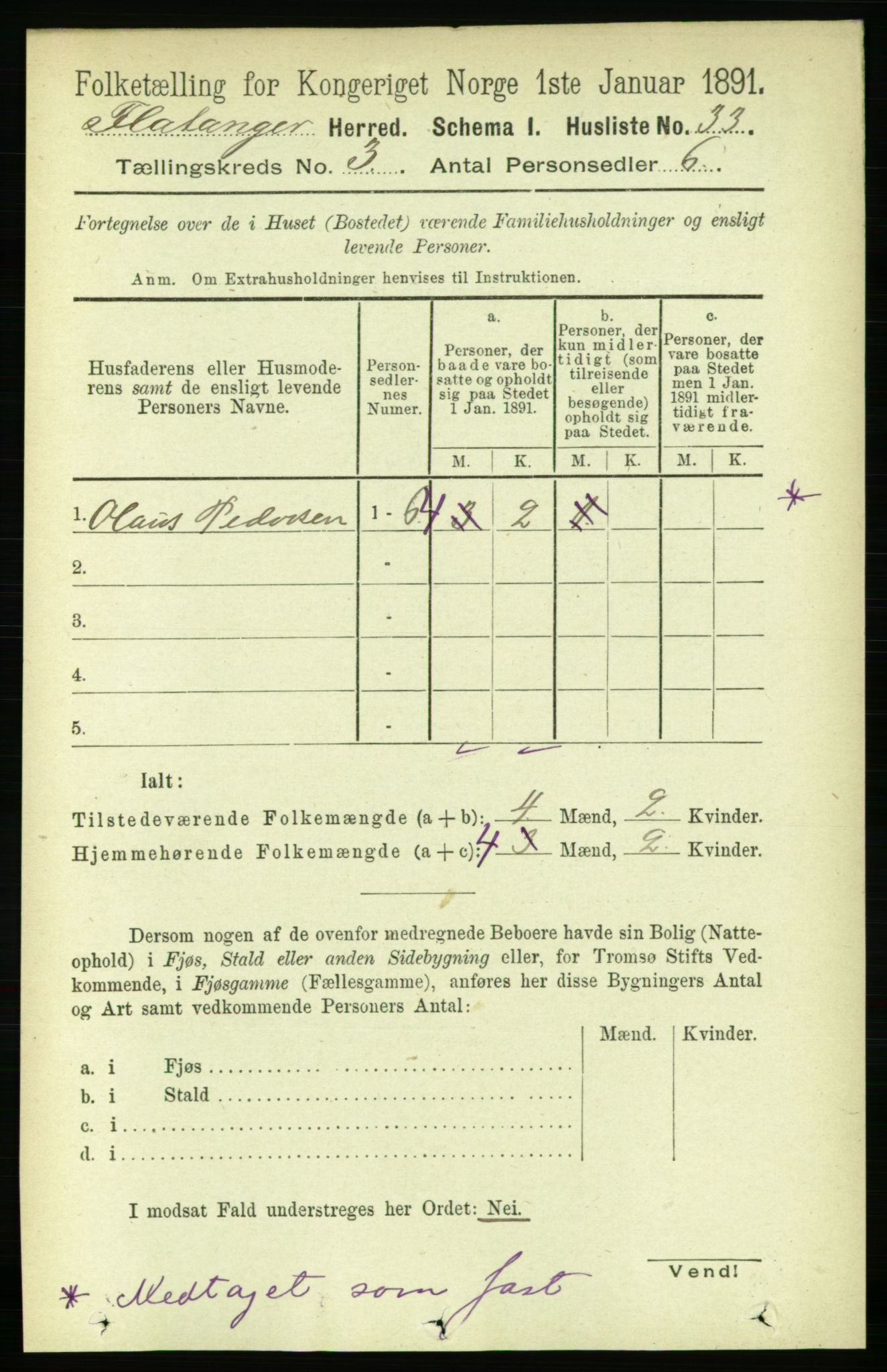 RA, 1891 census for 1749 Flatanger, 1891, p. 1308