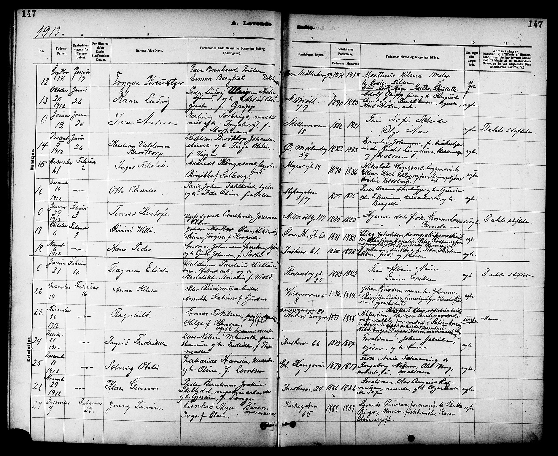 Ministerialprotokoller, klokkerbøker og fødselsregistre - Sør-Trøndelag, AV/SAT-A-1456/605/L0254: Parish register (copy) no. 605C01, 1908-1916, p. 147