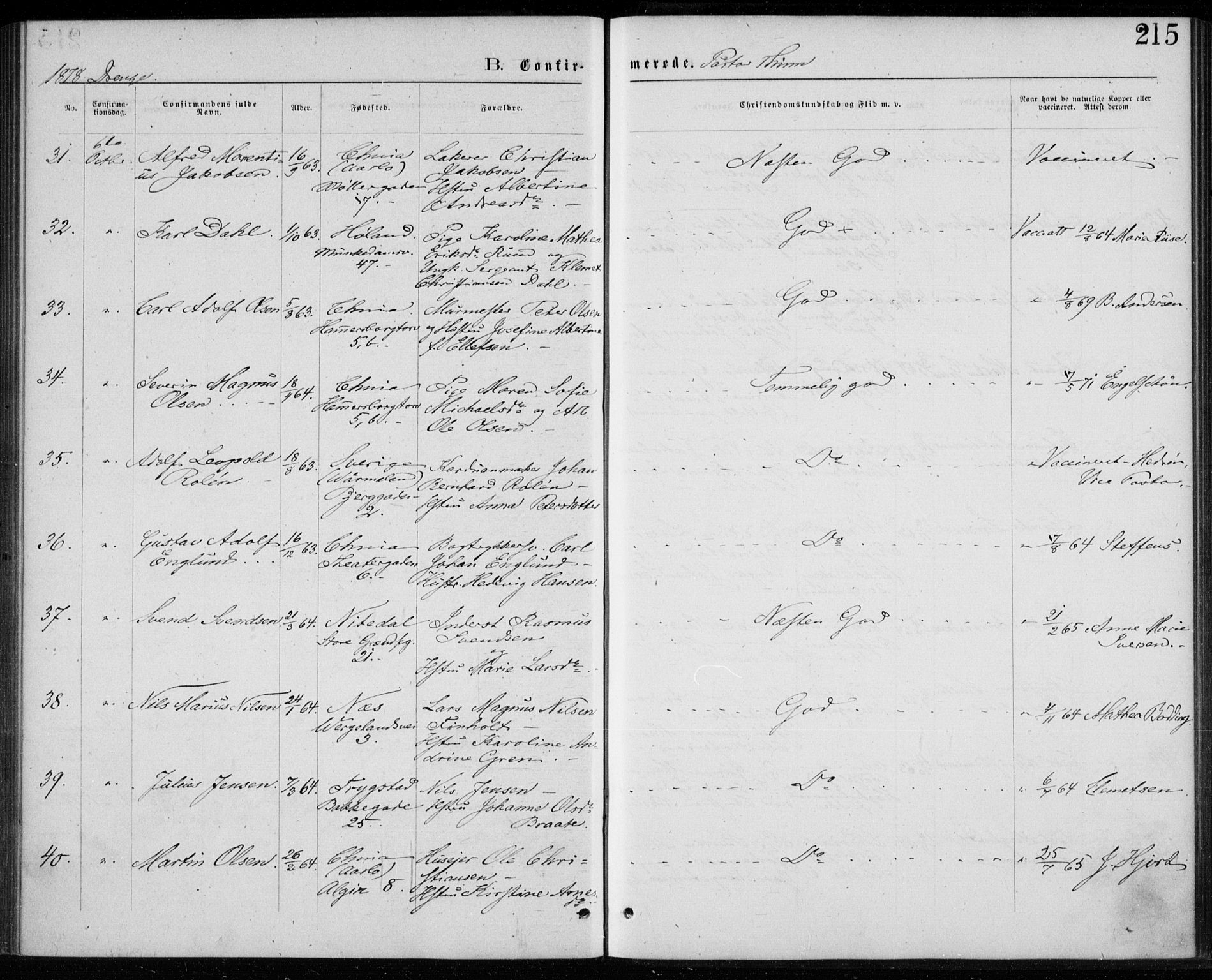 Trefoldighet prestekontor Kirkebøker, SAO/A-10882/F/Fb/L0002: Parish register (official) no. II 2, 1871-1880, p. 215