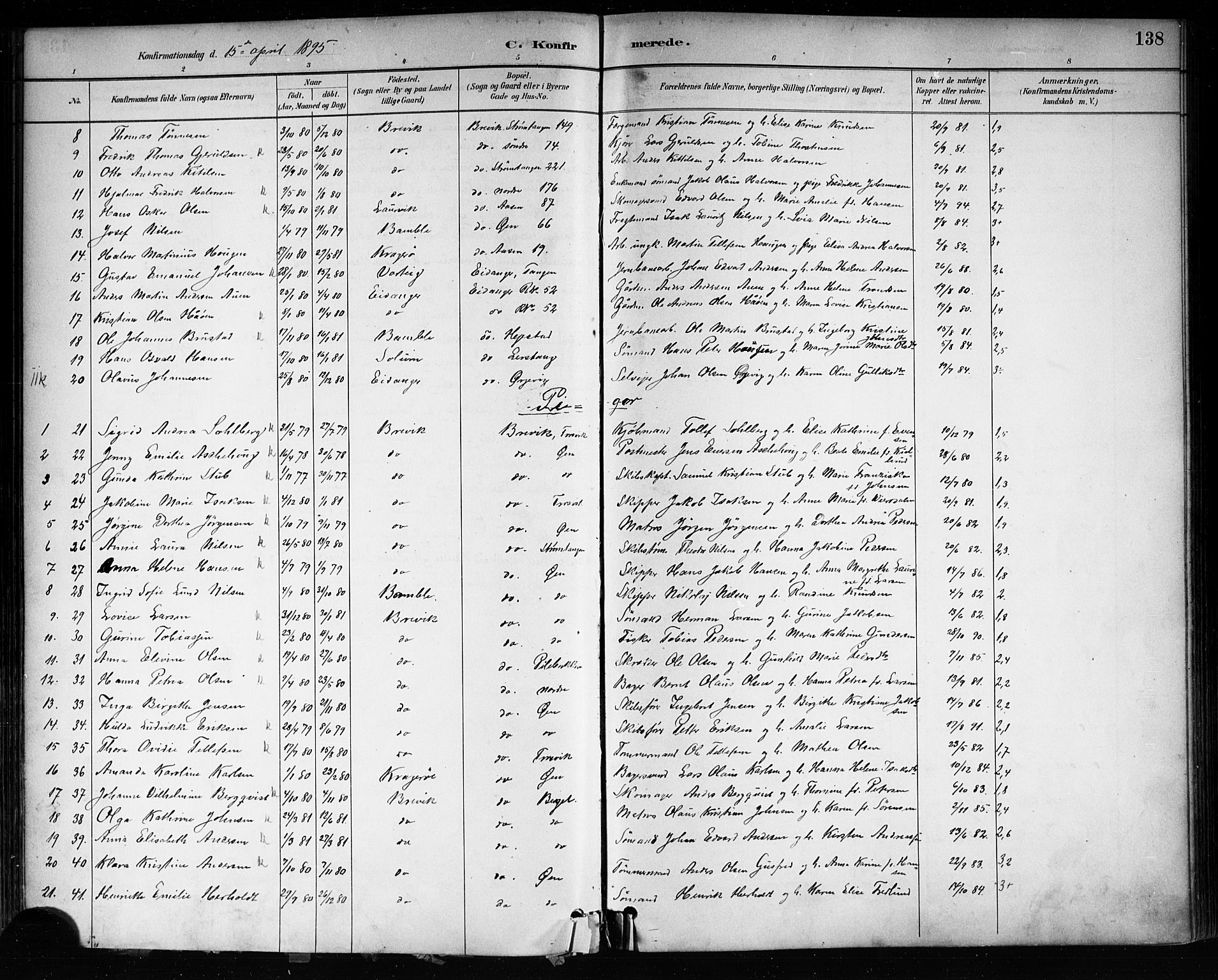 Brevik kirkebøker, AV/SAKO-A-255/F/Fa/L0007: Parish register (official) no. 7, 1882-1900, p. 138