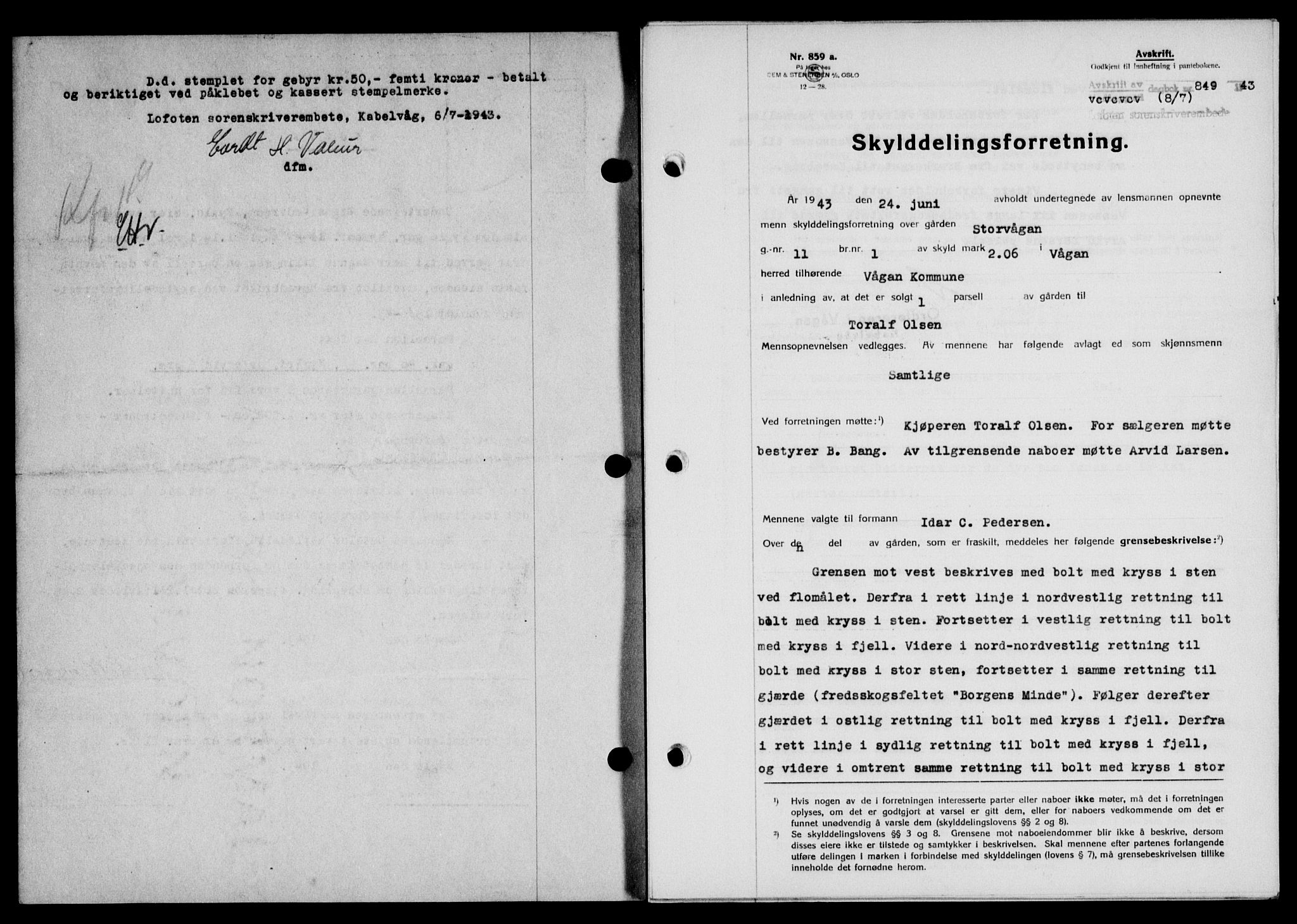 Lofoten sorenskriveri, SAT/A-0017/1/2/2C/L0011a: Mortgage book no. 11a, 1943-1943, Diary no: : 849/1943