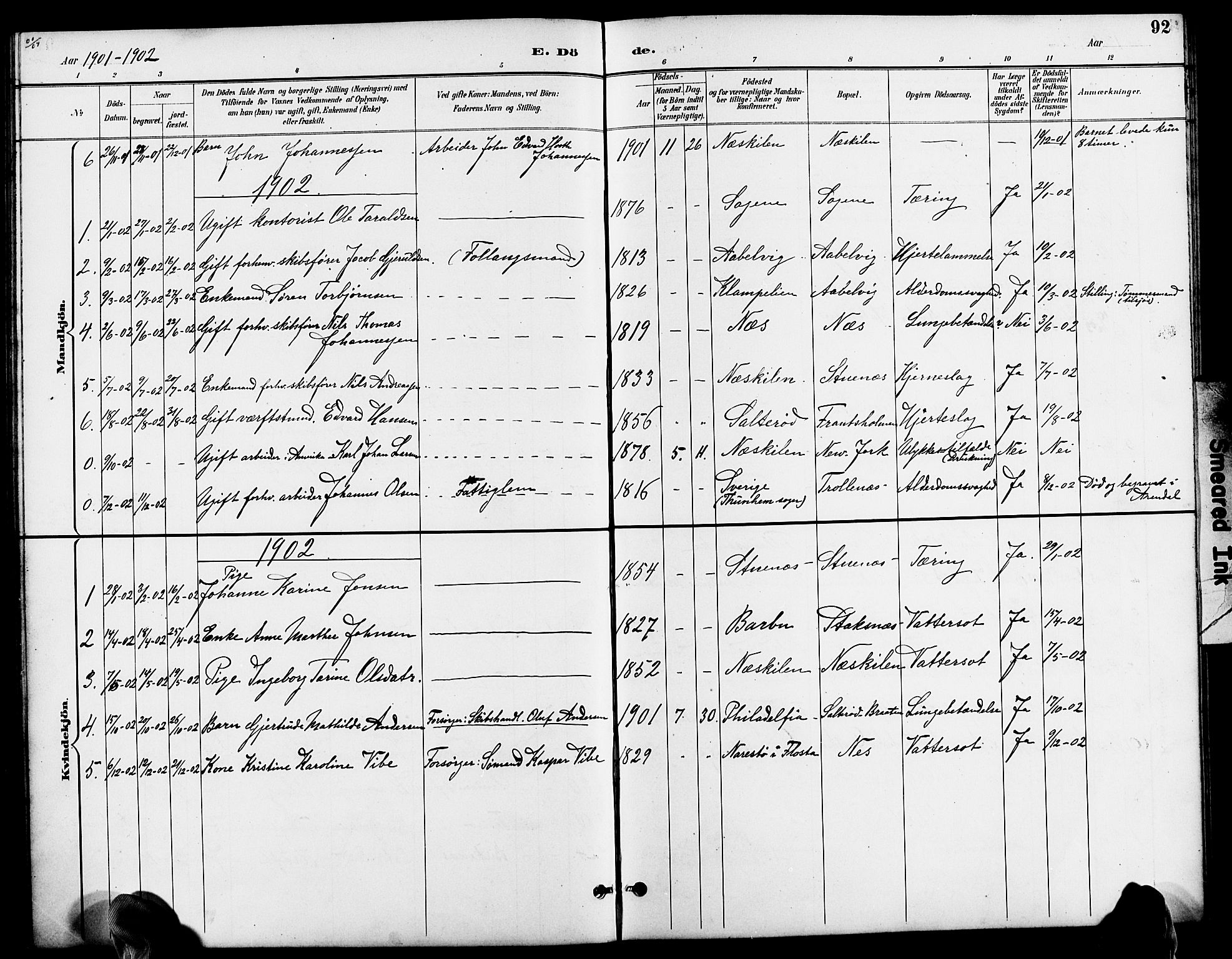 Austre Moland sokneprestkontor, SAK/1111-0001/F/Fb/Fbb/L0002: Parish register (copy) no. B 2, 1894-1918, p. 92