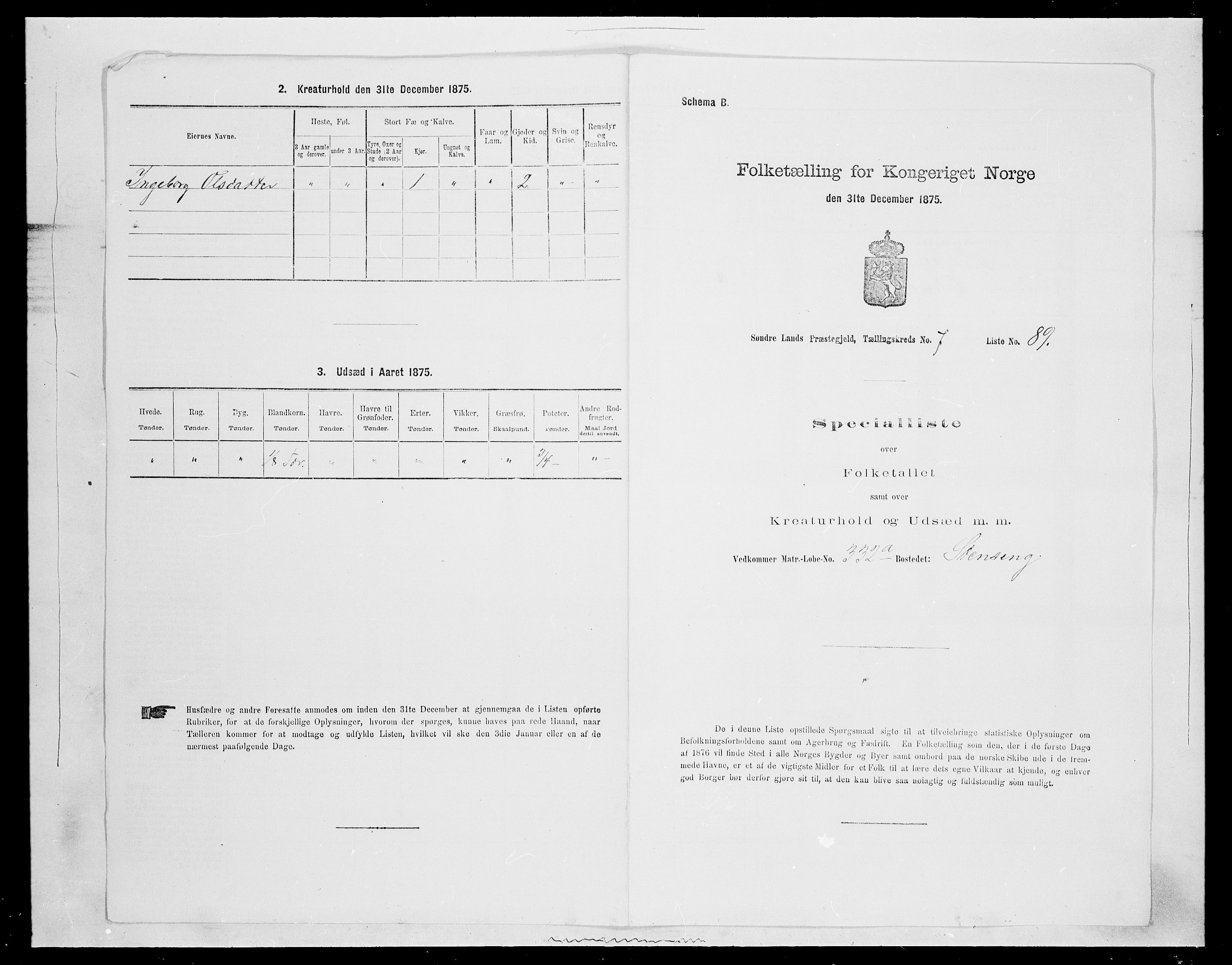 SAH, 1875 census for 0536P Søndre Land, 1875, p. 1192