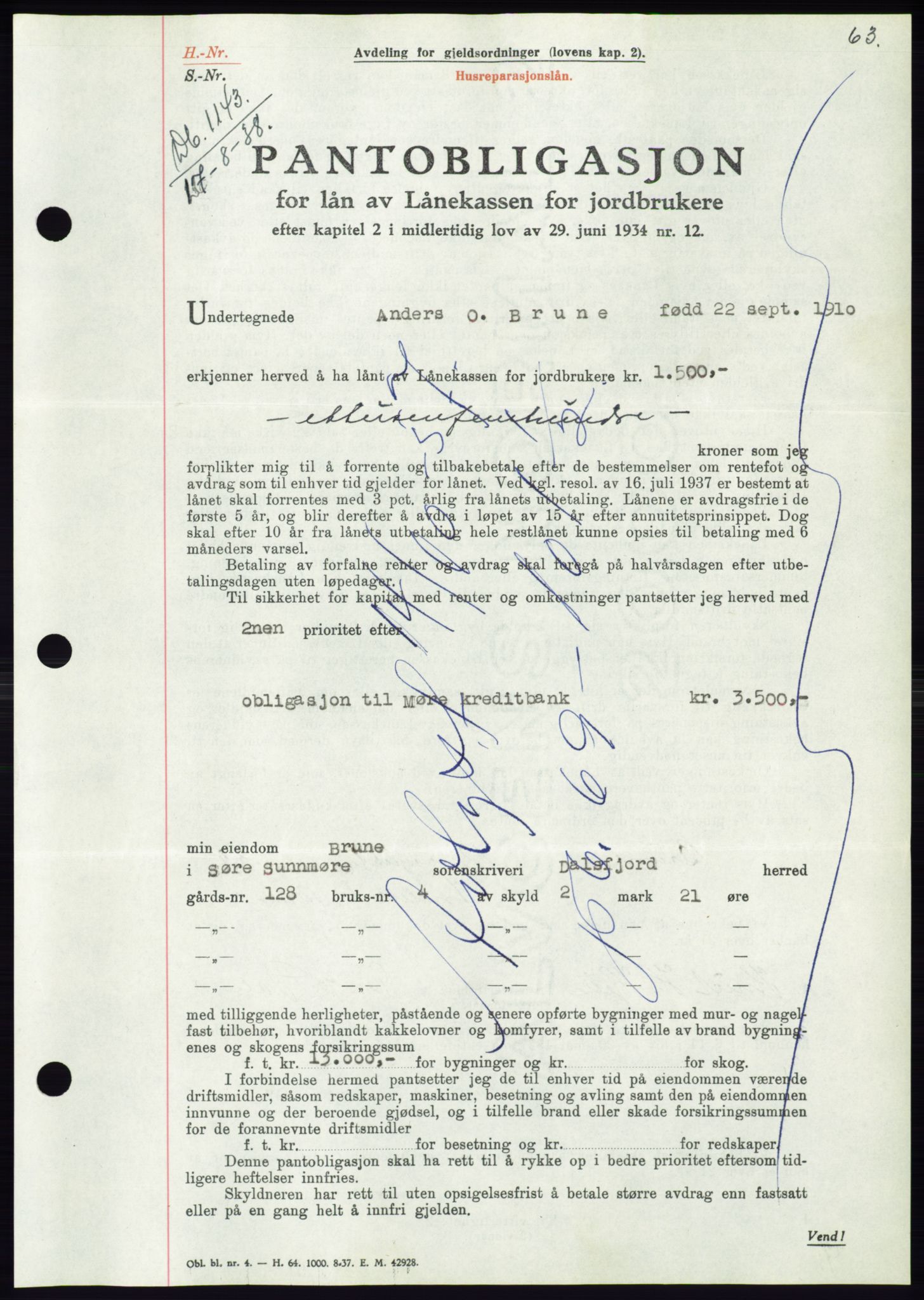 Søre Sunnmøre sorenskriveri, AV/SAT-A-4122/1/2/2C/L0066: Mortgage book no. 60, 1938-1938, Diary no: : 1143/1938