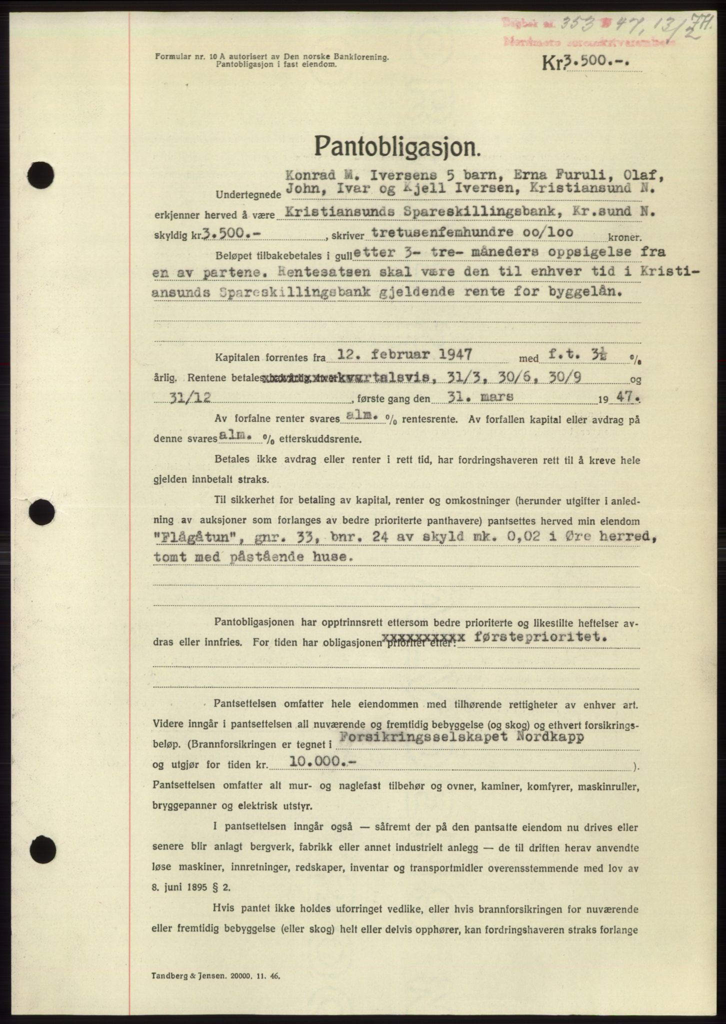 Nordmøre sorenskriveri, AV/SAT-A-4132/1/2/2Ca: Mortgage book no. B95, 1946-1947, Diary no: : 353/1947