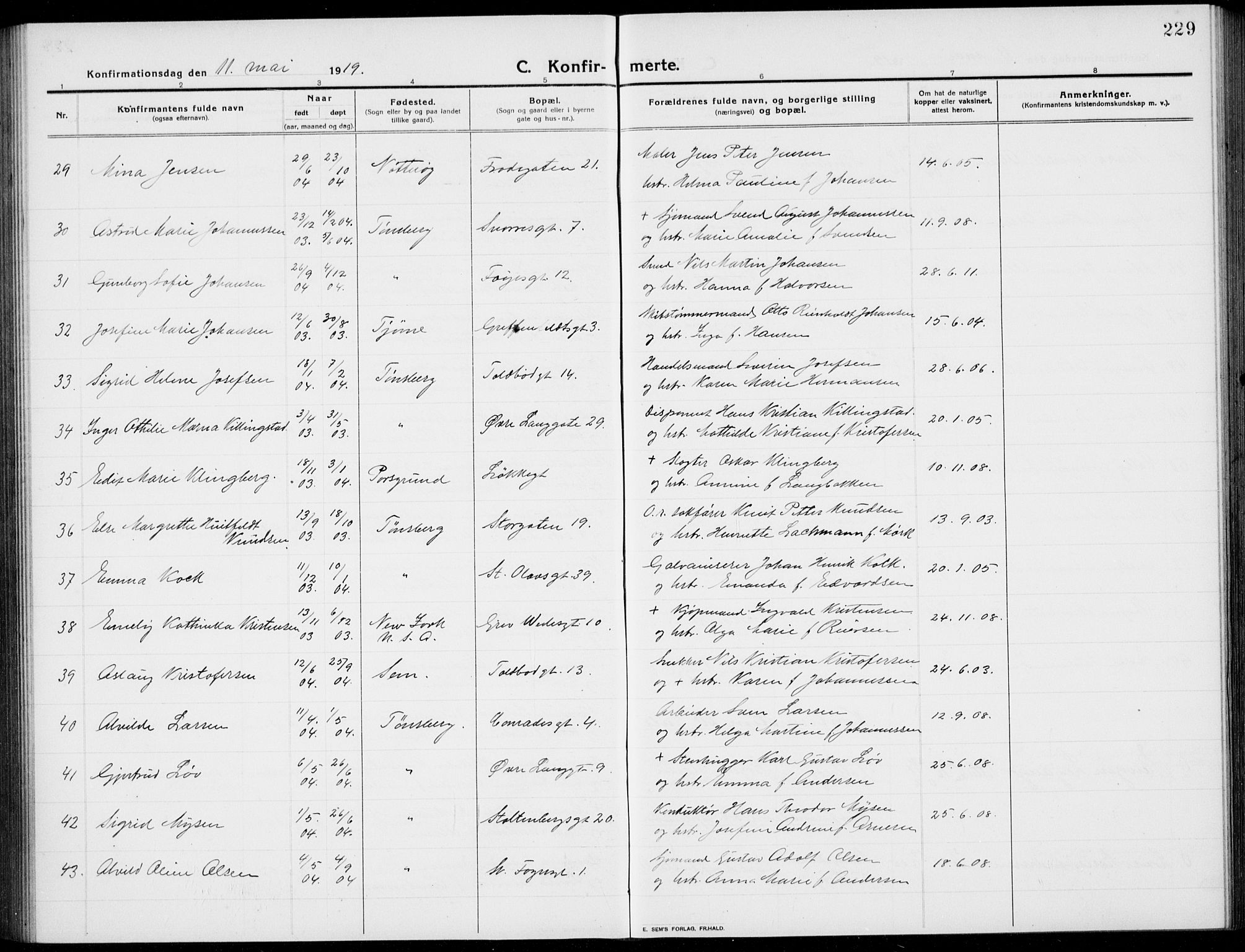 Tønsberg kirkebøker, AV/SAKO-A-330/G/Ga/L0009: Parish register (copy) no. 9, 1913-1920, p. 229