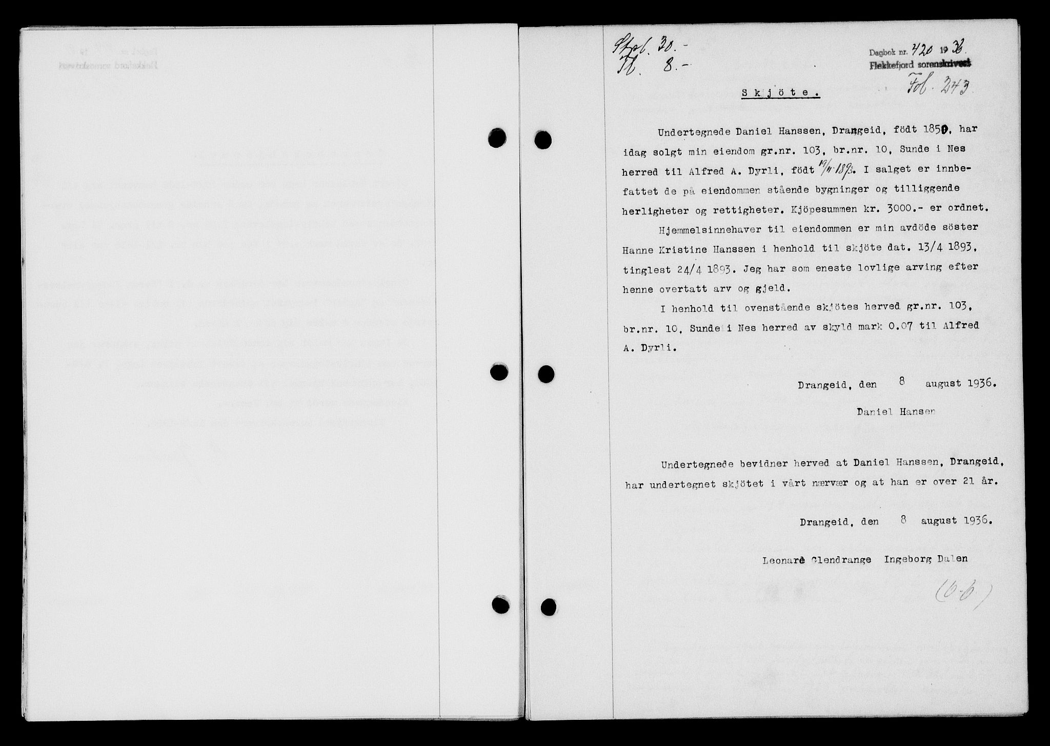 Flekkefjord sorenskriveri, SAK/1221-0001/G/Gb/Gba/L0053: Mortgage book no. A-1, 1936-1937, Diary no: : 420/1936