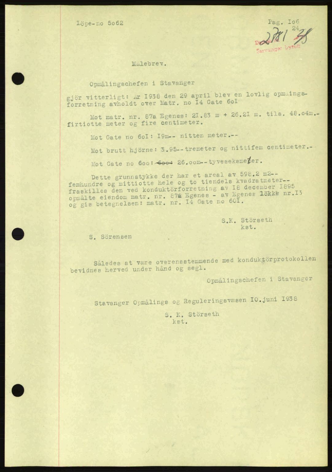 Stavanger byrett, SAST/A-100455/002/G/Gb/L0014: Mortgage book no. A4, 1938-1939, Diary no: : 2781/1938
