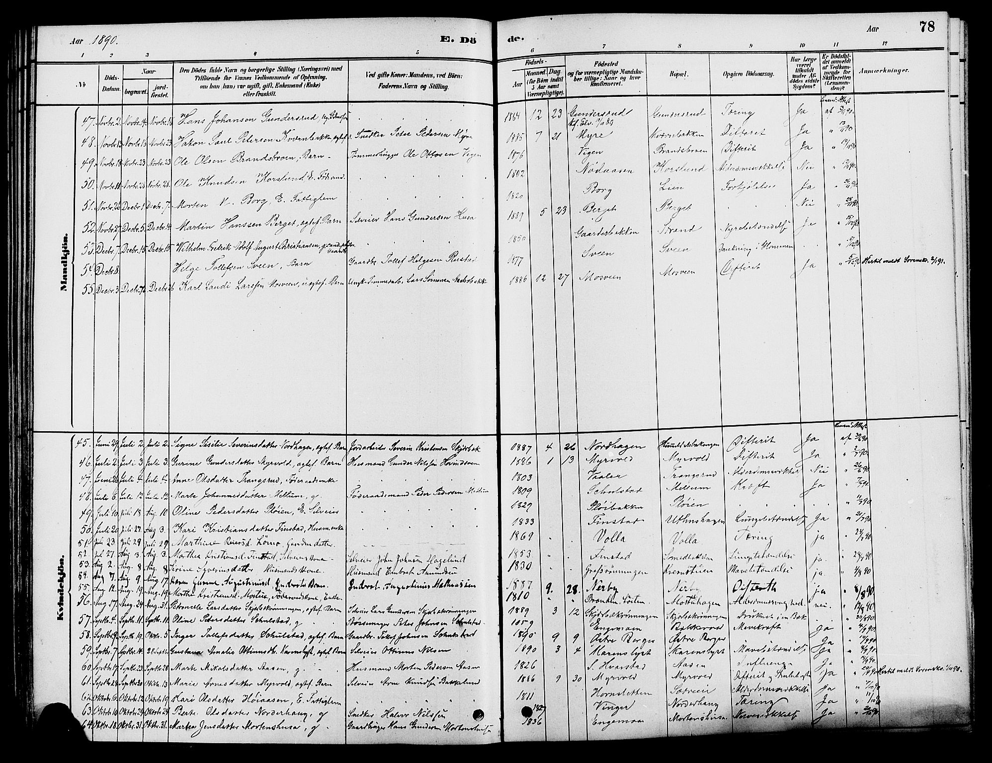 Elverum prestekontor, AV/SAH-PREST-044/H/Ha/Haa/L0012: Parish register (official) no. 12, 1880-1893, p. 78