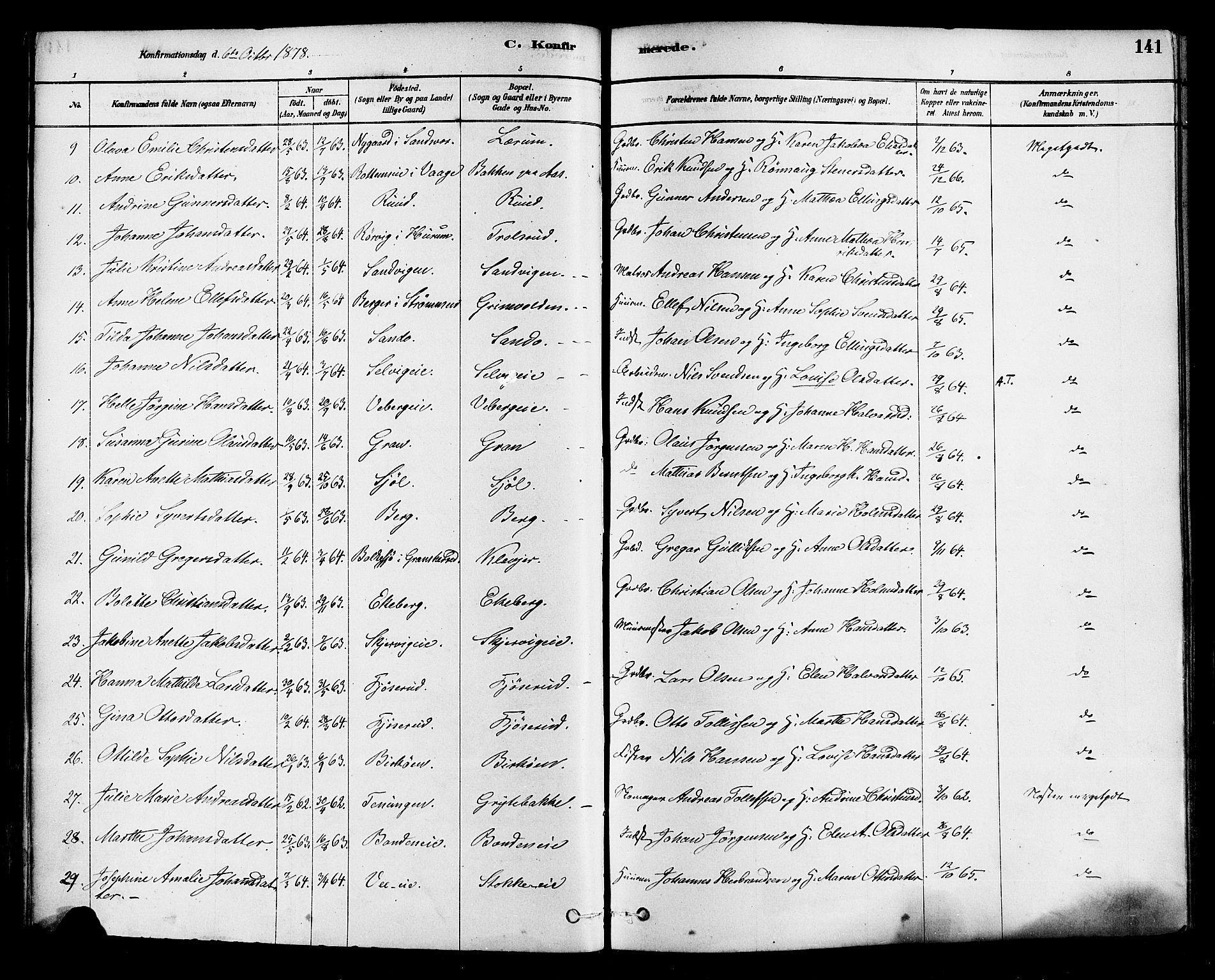 Sande Kirkebøker, AV/SAKO-A-53/F/Fa/L0006: Parish register (official) no. 6, 1878-1888, p. 141