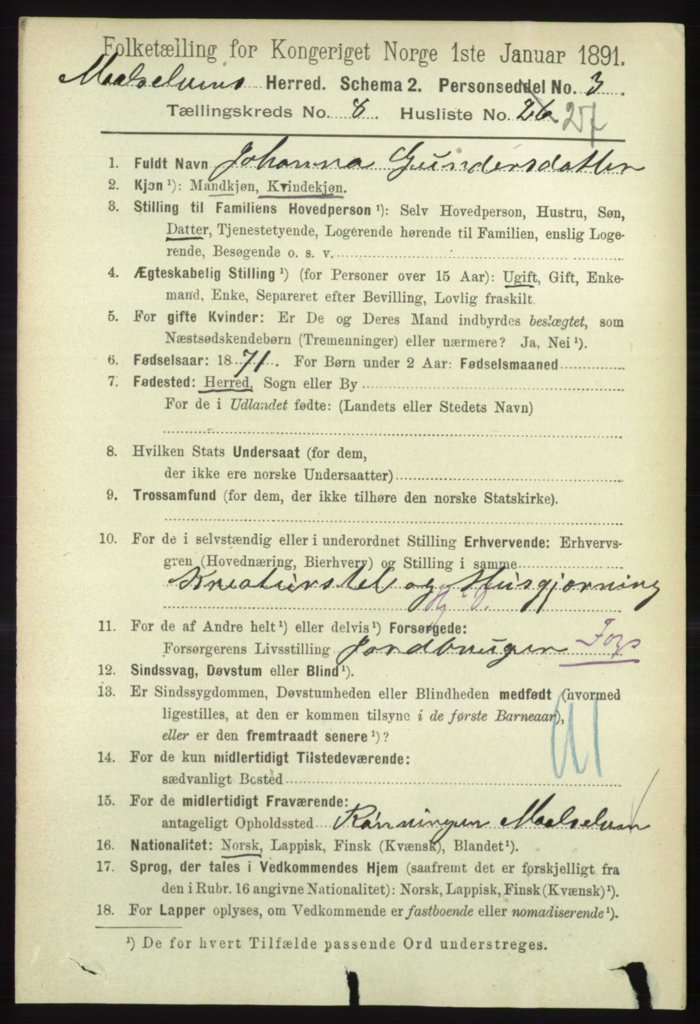 RA, 1891 census for 1924 Målselv, 1891, p. 2707