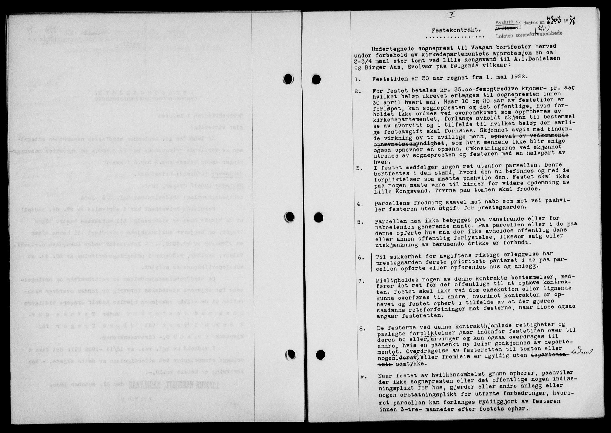 Lofoten sorenskriveri, SAT/A-0017/1/2/2C/L0004a: Mortgage book no. 4a, 1938-1938, Diary no: : 2343/1938