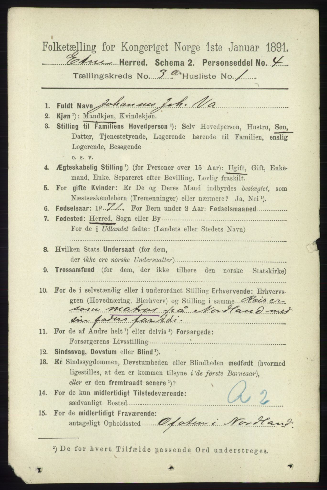 RA, 1891 census for 1211 Etne, 1891, p. 692