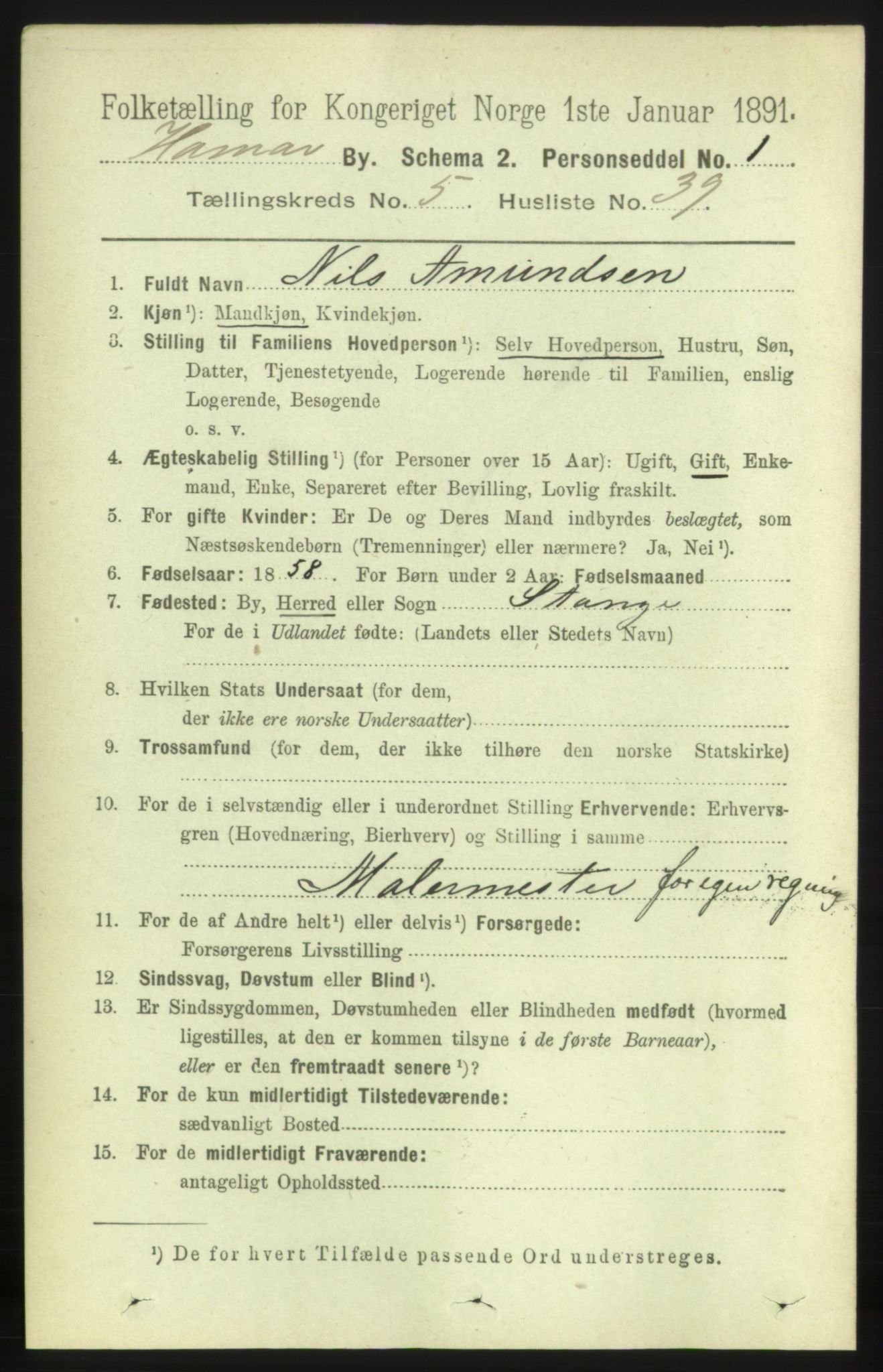 RA, 1891 census for 0401 Hamar, 1891, p. 4304