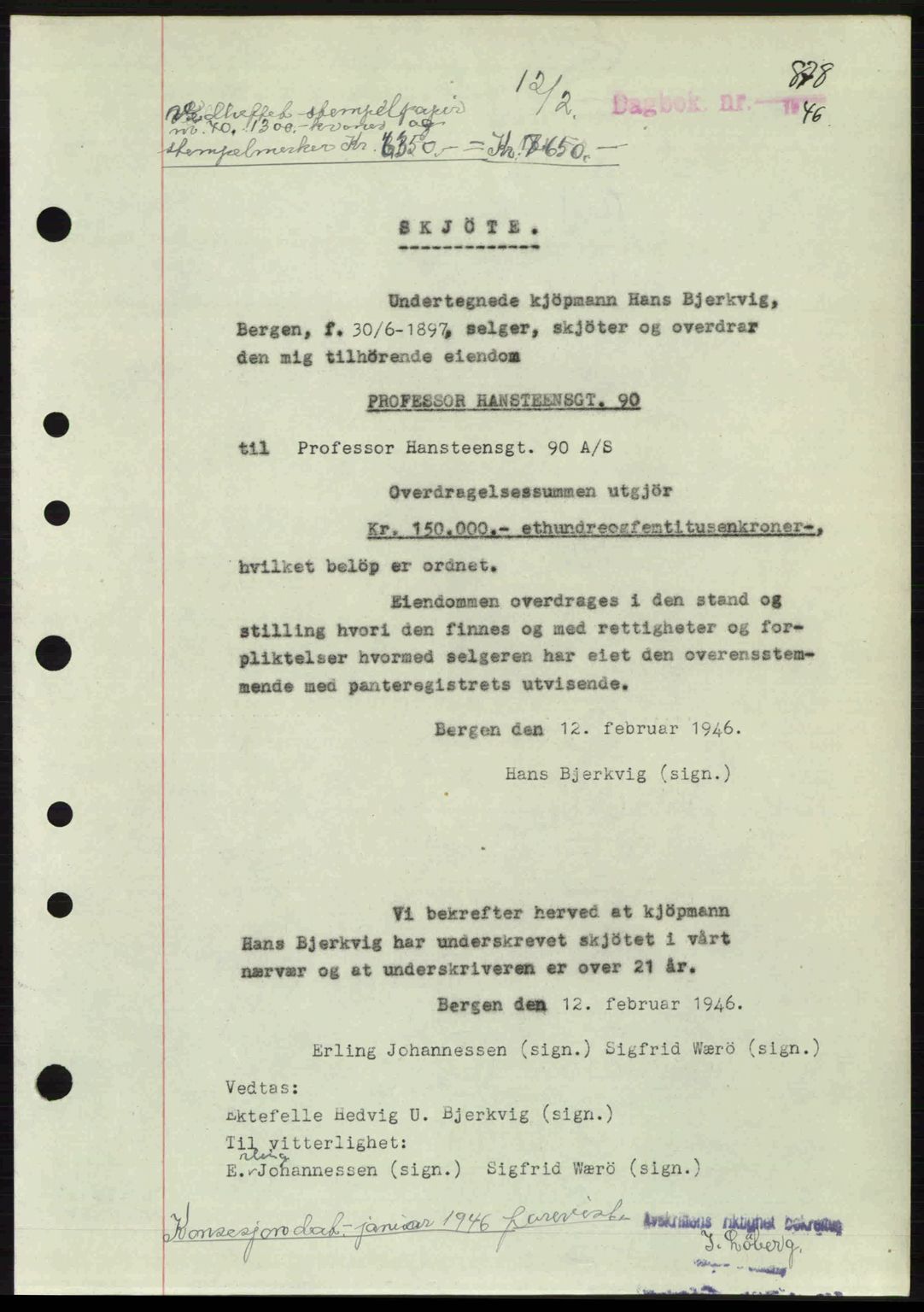Byfogd og Byskriver i Bergen, SAB/A-3401/03/03Bc/L0022: Mortgage book no. A18, 1946-1946, Diary no: : 878/1946