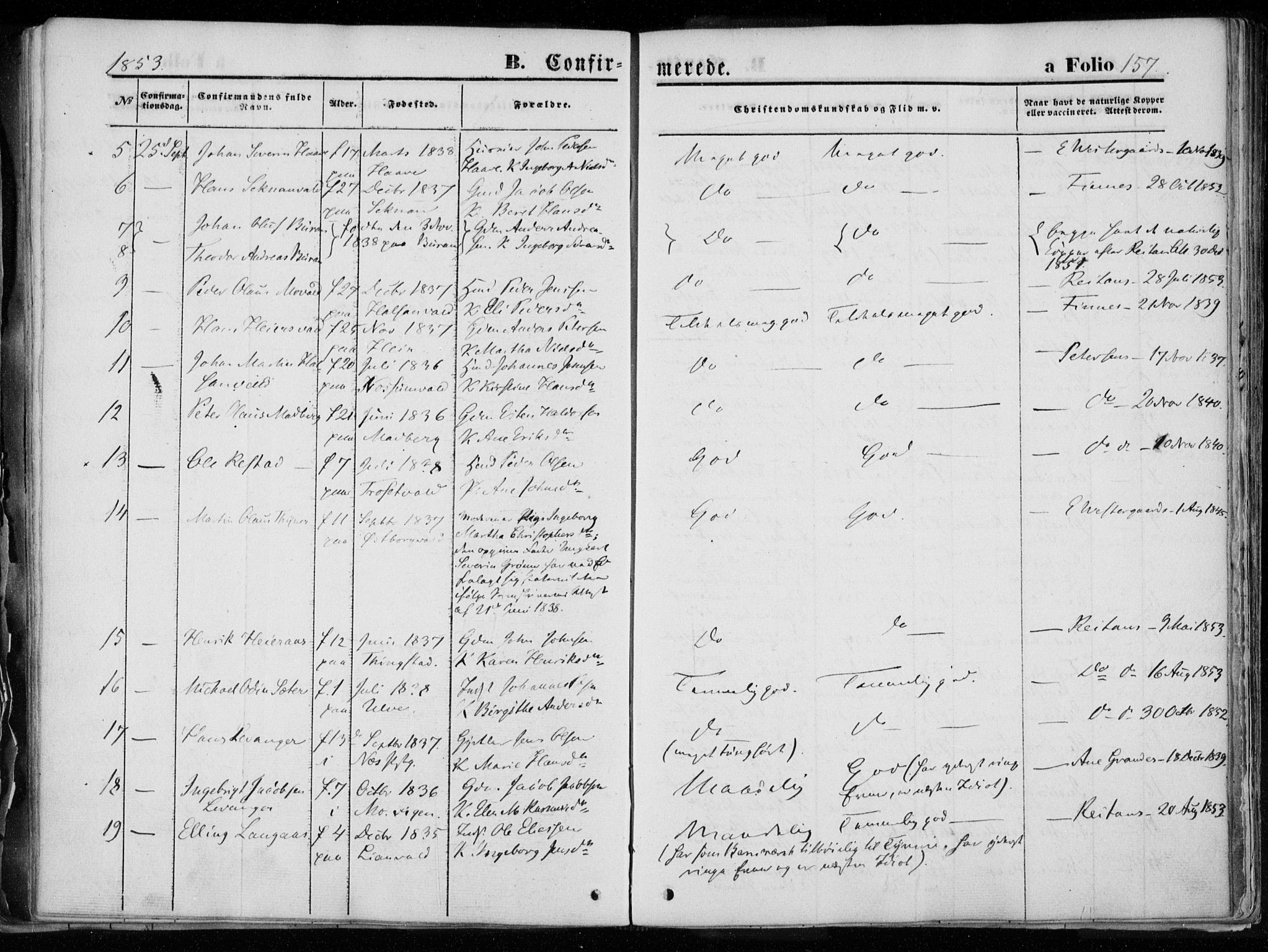 Ministerialprotokoller, klokkerbøker og fødselsregistre - Nord-Trøndelag, SAT/A-1458/720/L0183: Parish register (official) no. 720A01, 1836-1855, p. 157