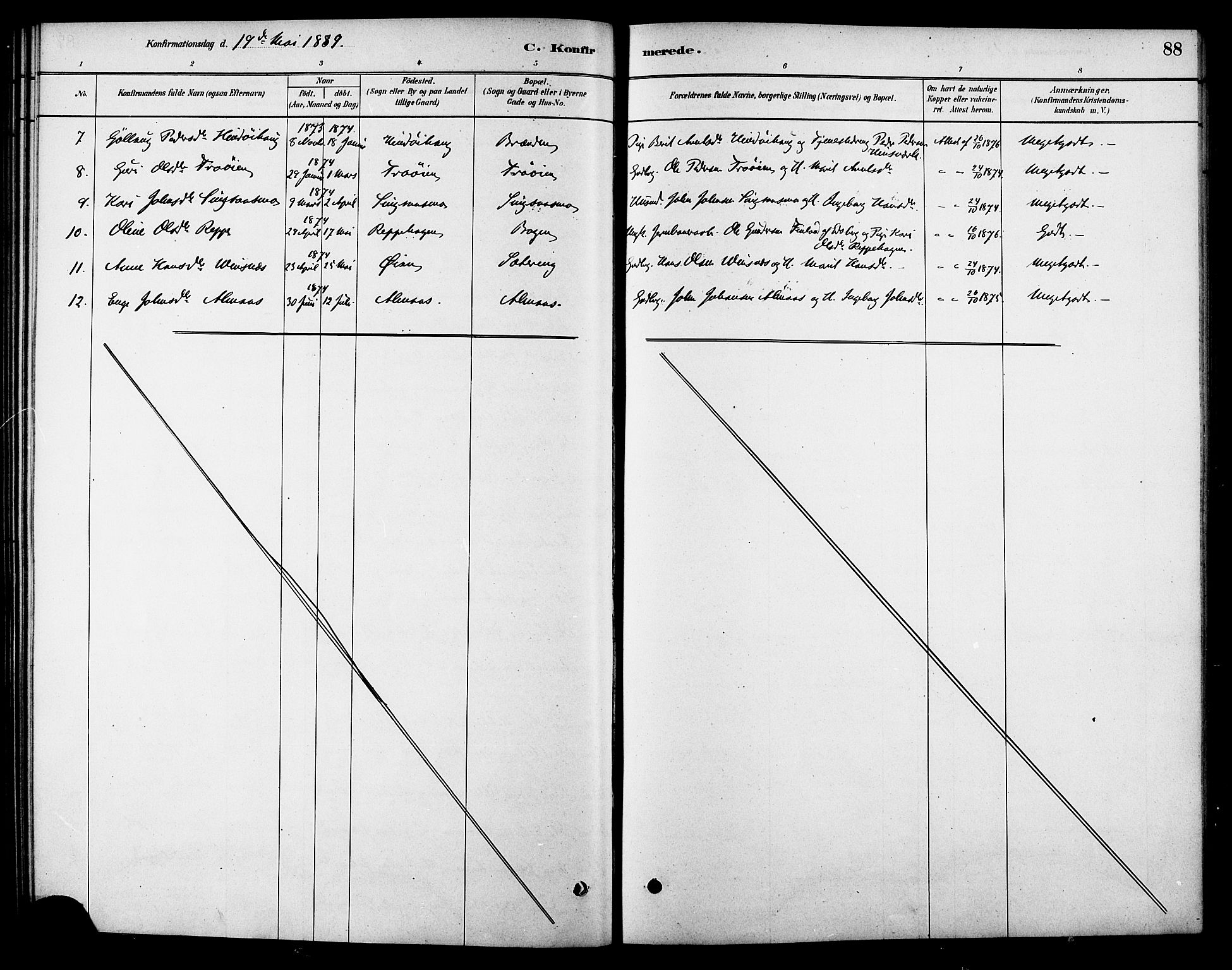 Ministerialprotokoller, klokkerbøker og fødselsregistre - Sør-Trøndelag, AV/SAT-A-1456/688/L1024: Parish register (official) no. 688A01, 1879-1890, p. 88