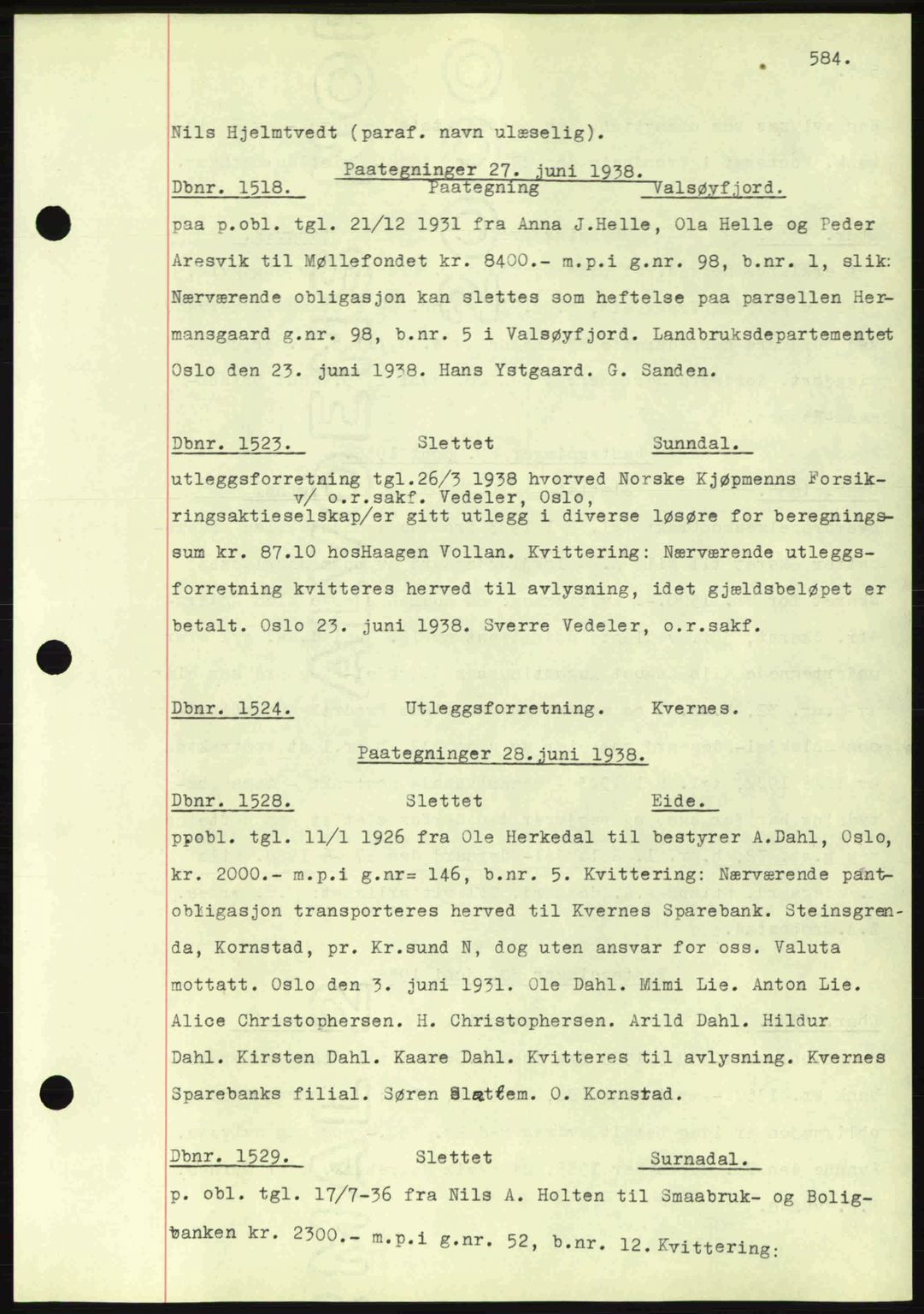 Nordmøre sorenskriveri, AV/SAT-A-4132/1/2/2Ca: Mortgage book no. C80, 1936-1939, Diary no: : 1518/1938