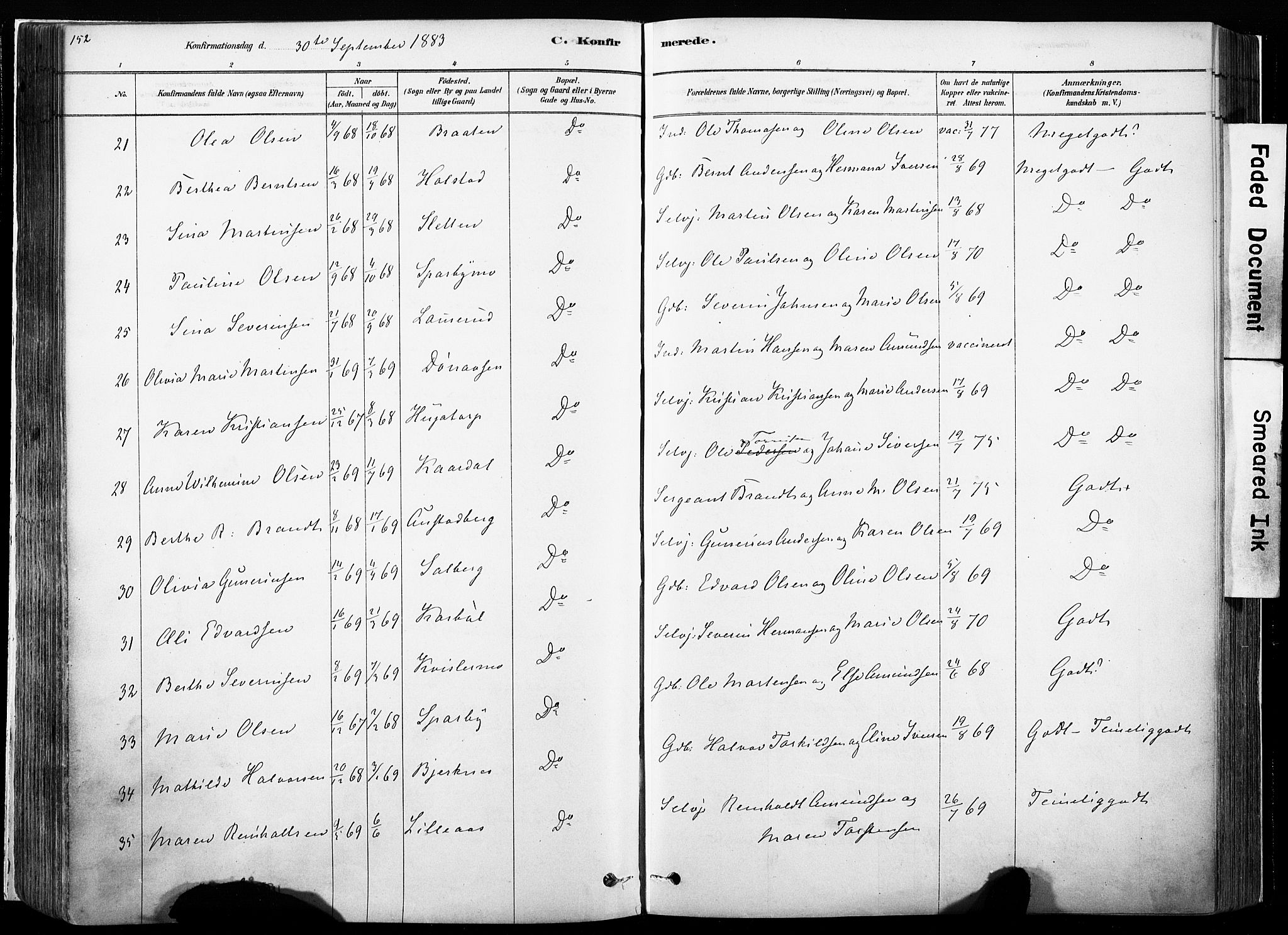 Hof prestekontor, SAH/PREST-038/H/Ha/Haa/L0010: Parish register (official) no. 10, 1878-1909, p. 152