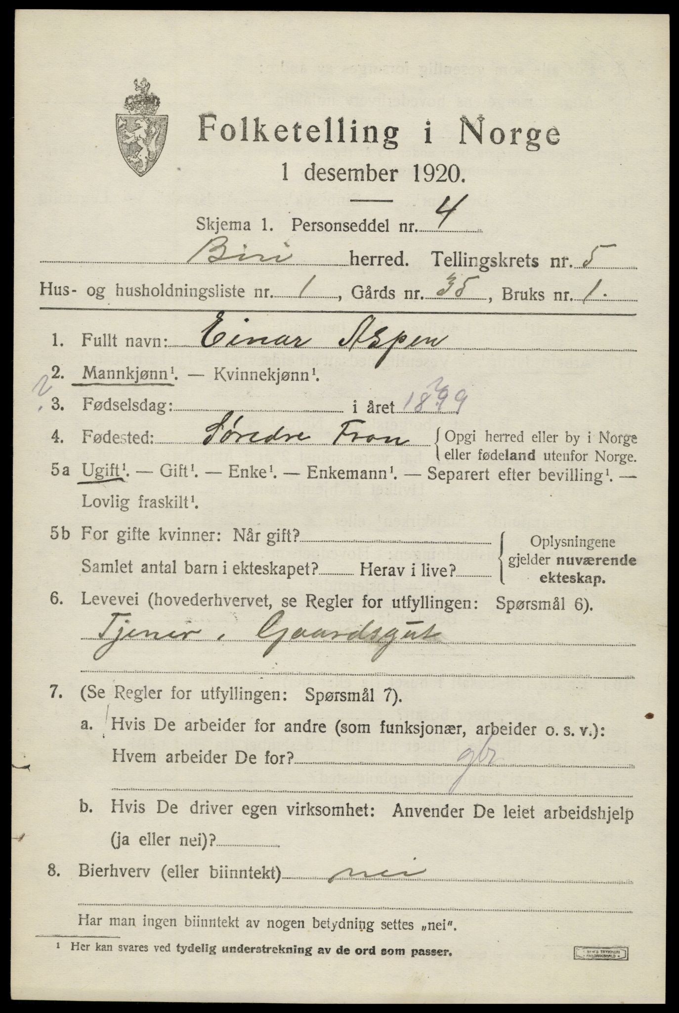 SAH, 1920 census for Biri, 1920, p. 4207