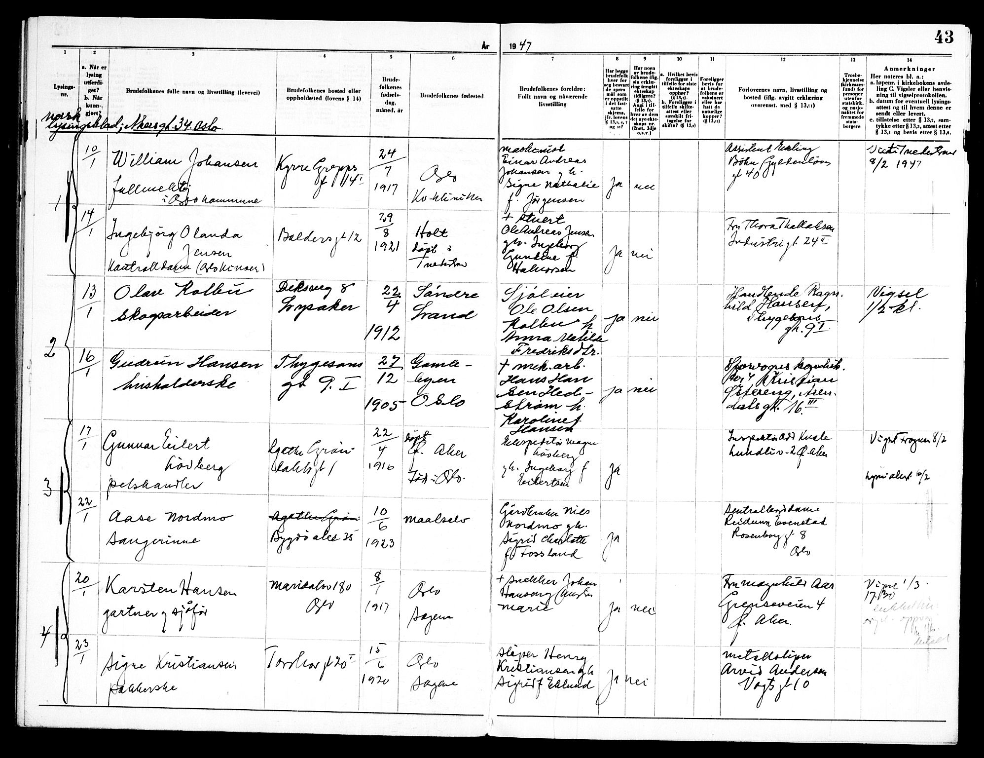 Torshov prestekontor Kirkebøker, SAO/A-10238a/H/Ha/L0003: Banns register no. 3, 1945-1948, p. 43