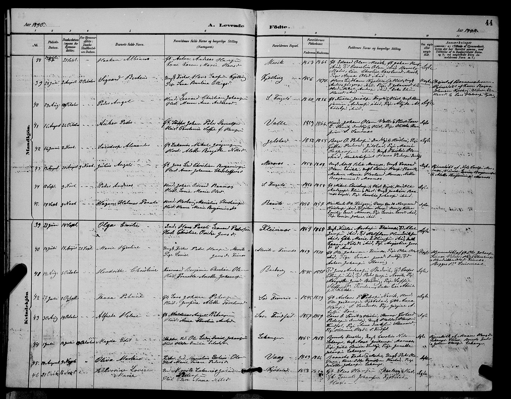 Ministerialprotokoller, klokkerbøker og fødselsregistre - Nordland, AV/SAT-A-1459/805/L0108: Parish register (copy) no. 805C04, 1885-1899, p. 44