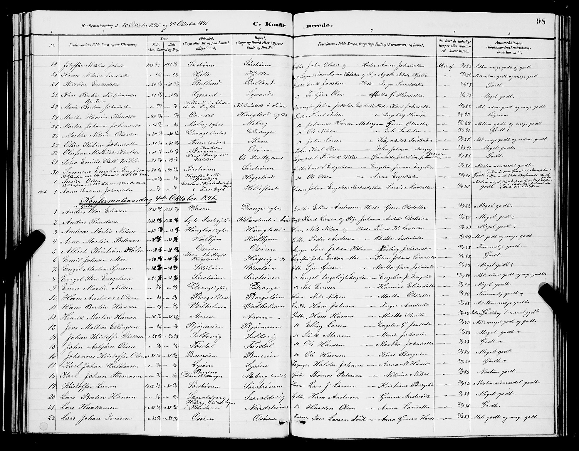 Os sokneprestembete, SAB/A-99929: Parish register (copy) no. A 2, 1880-1896, p. 98