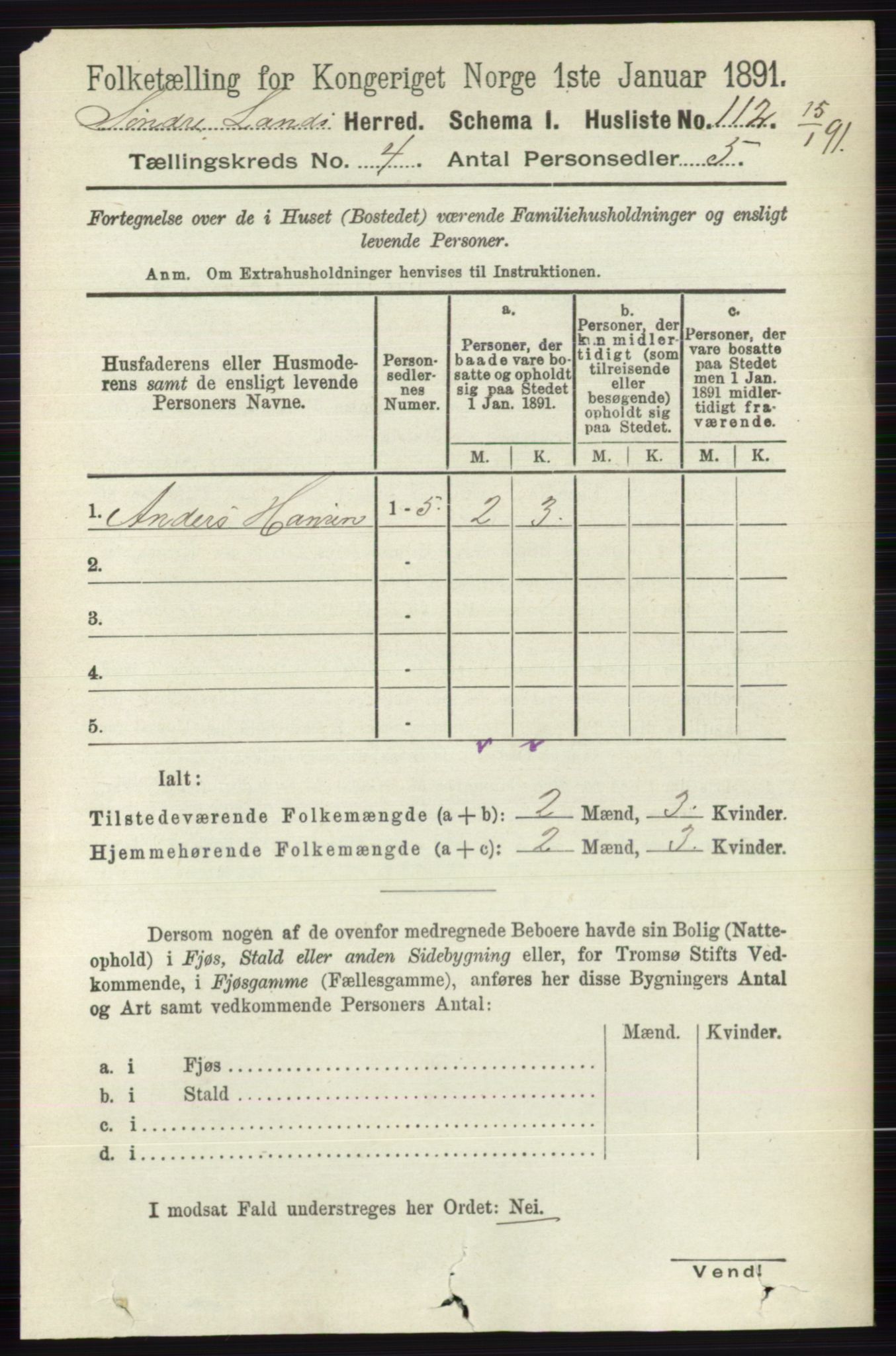 RA, 1891 census for 0536 Søndre Land, 1891, p. 3990