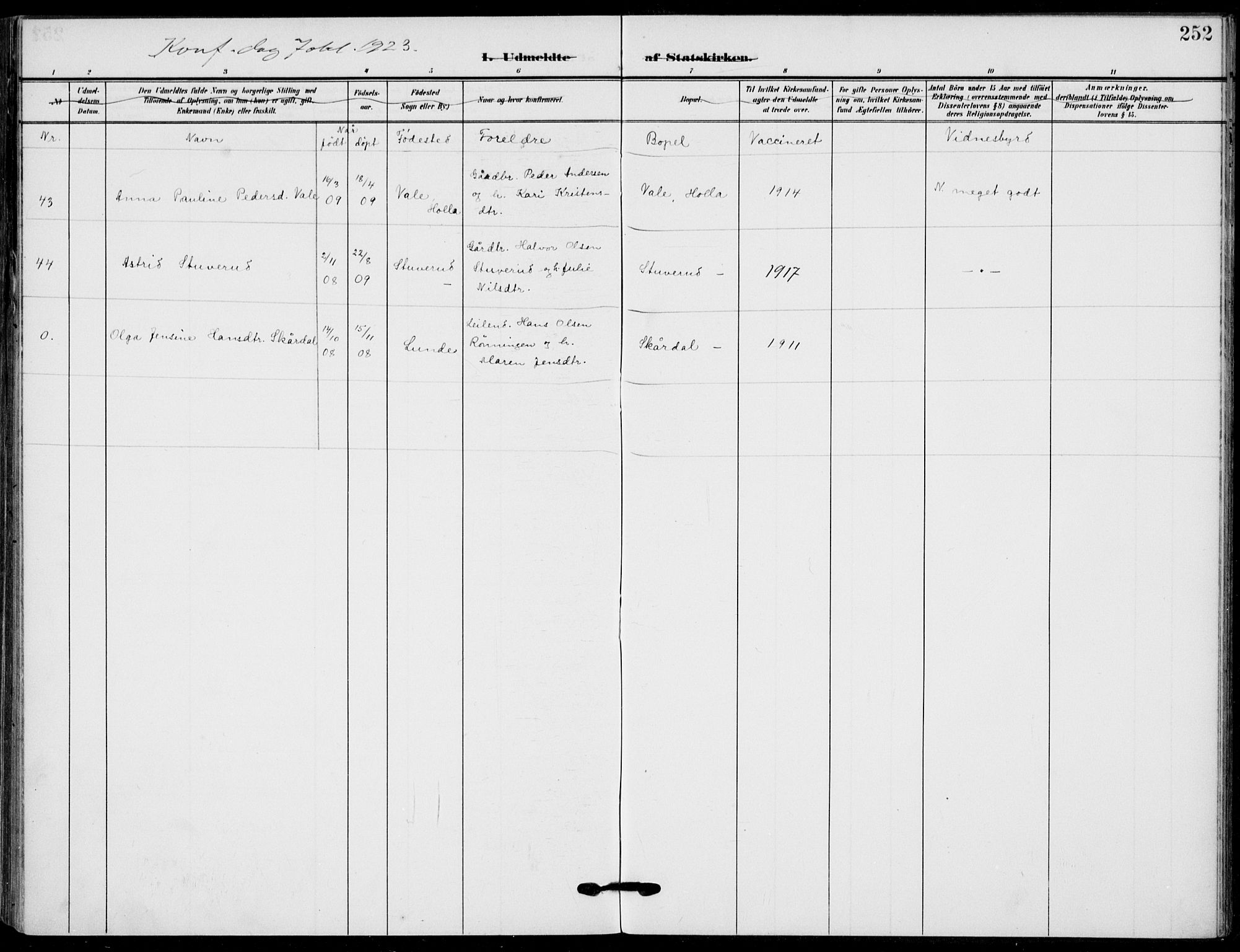 Holla kirkebøker, SAKO/A-272/F/Fa/L0012: Parish register (official) no. 12, 1907-1923, p. 252