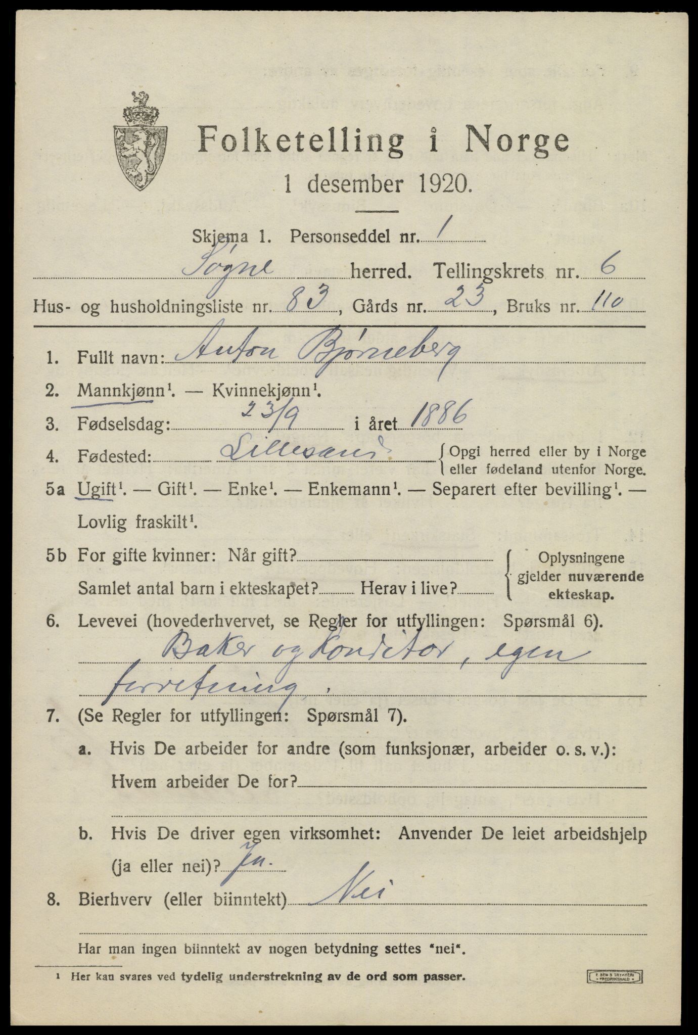 SAK, 1920 census for Søgne, 1920, p. 3499