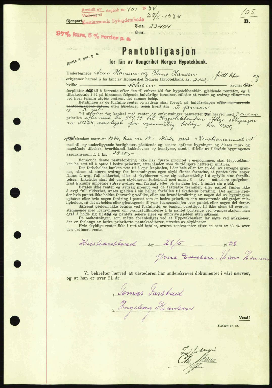Kristiansund byfogd, SAT/A-4587/A/27: Mortgage book no. 31, 1938-1939, Diary no: : 401/1938