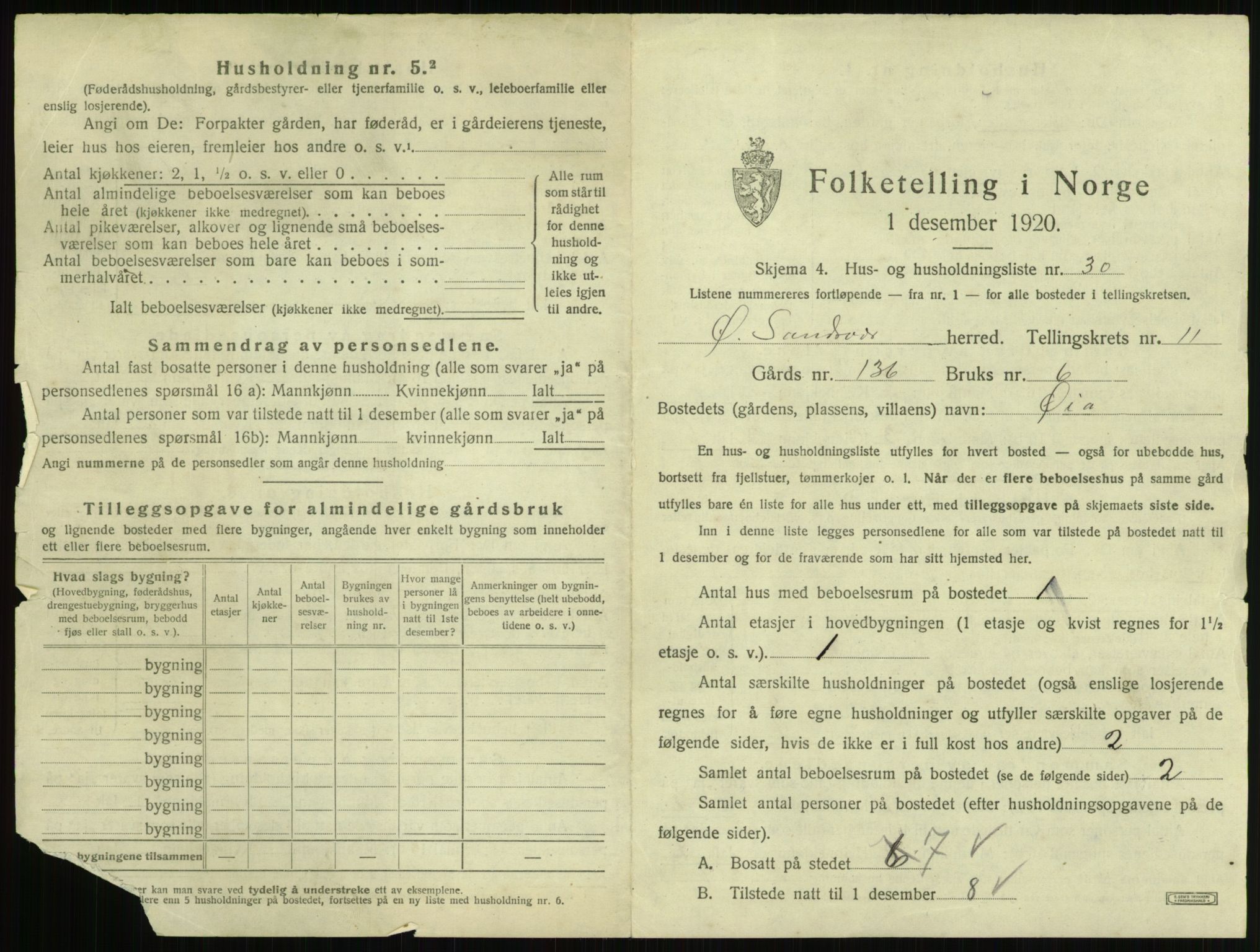 SAKO, 1920 census for Øvre Sandsvær, 1920, p. 910