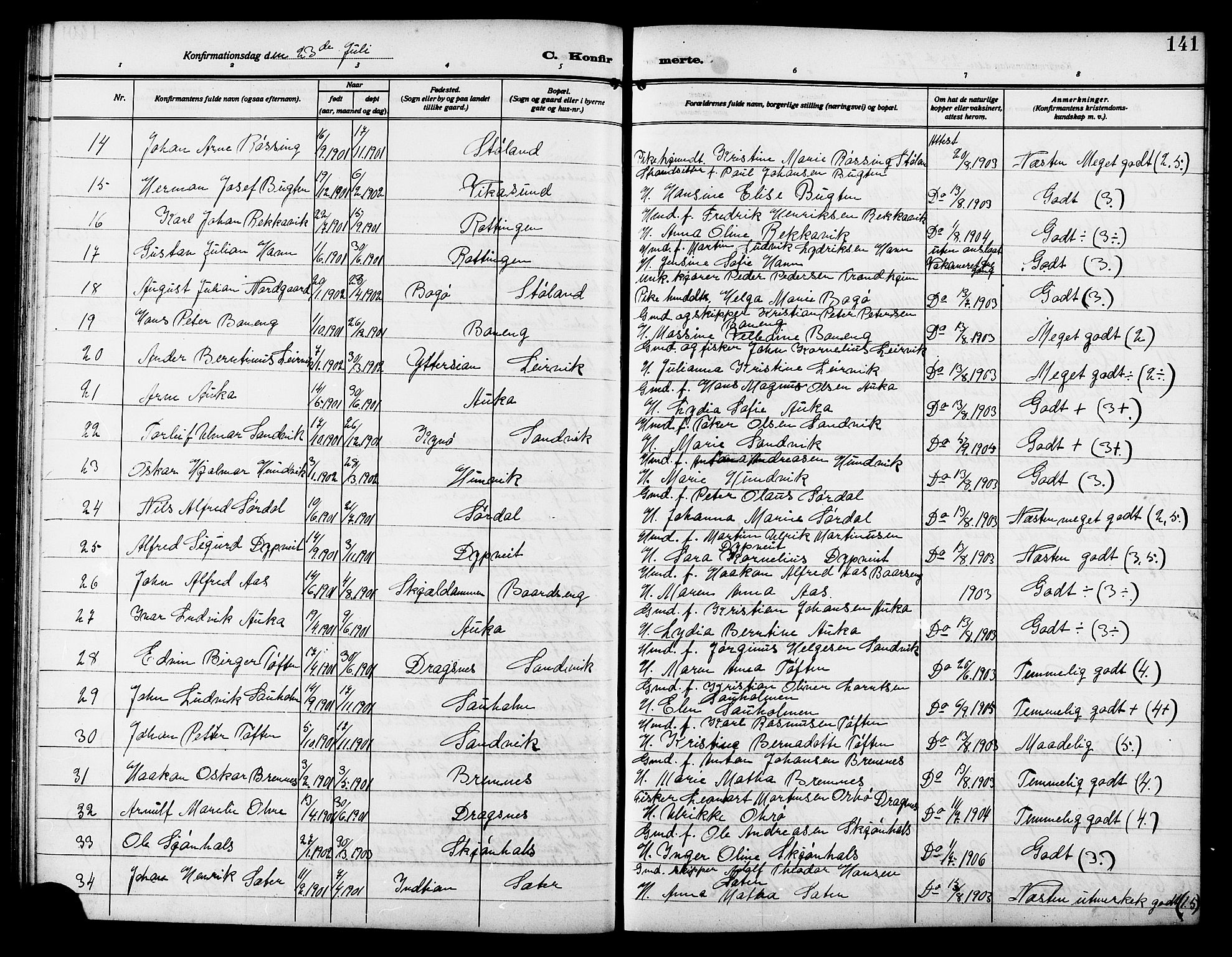 Ministerialprotokoller, klokkerbøker og fødselsregistre - Sør-Trøndelag, SAT/A-1456/640/L0588: Parish register (copy) no. 640C05, 1909-1922, p. 141