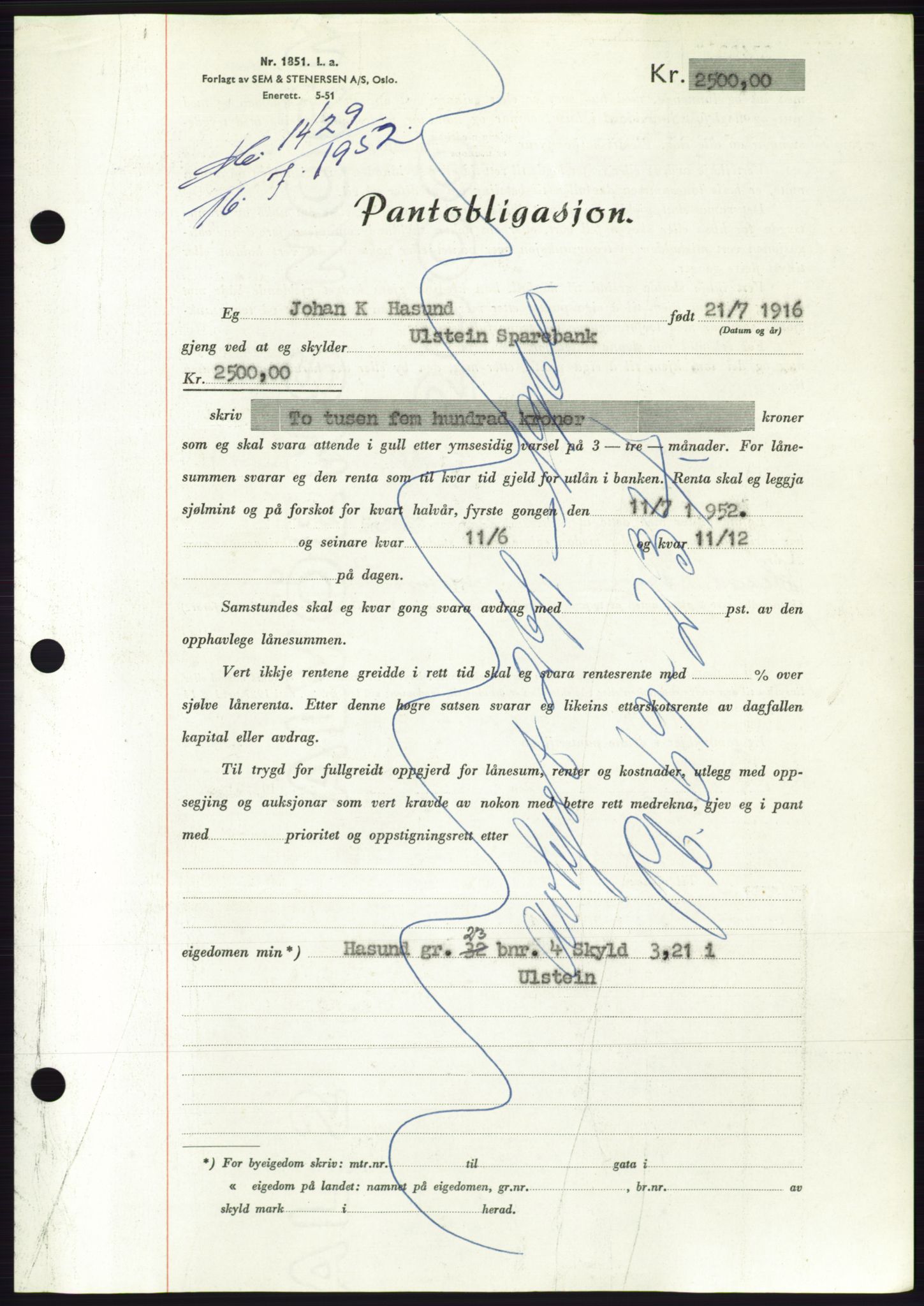 Søre Sunnmøre sorenskriveri, AV/SAT-A-4122/1/2/2C/L0121: Mortgage book no. 9B, 1951-1952, Diary no: : 1429/1952