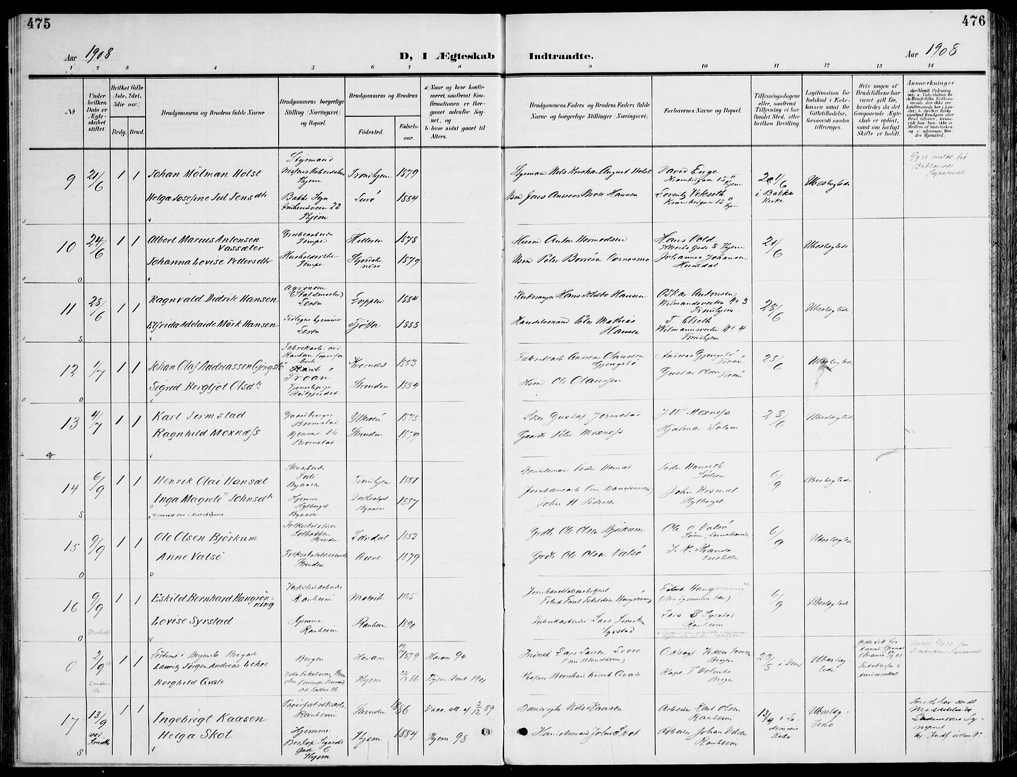 Ministerialprotokoller, klokkerbøker og fødselsregistre - Sør-Trøndelag, SAT/A-1456/607/L0320: Parish register (official) no. 607A04, 1907-1915, p. 475-476