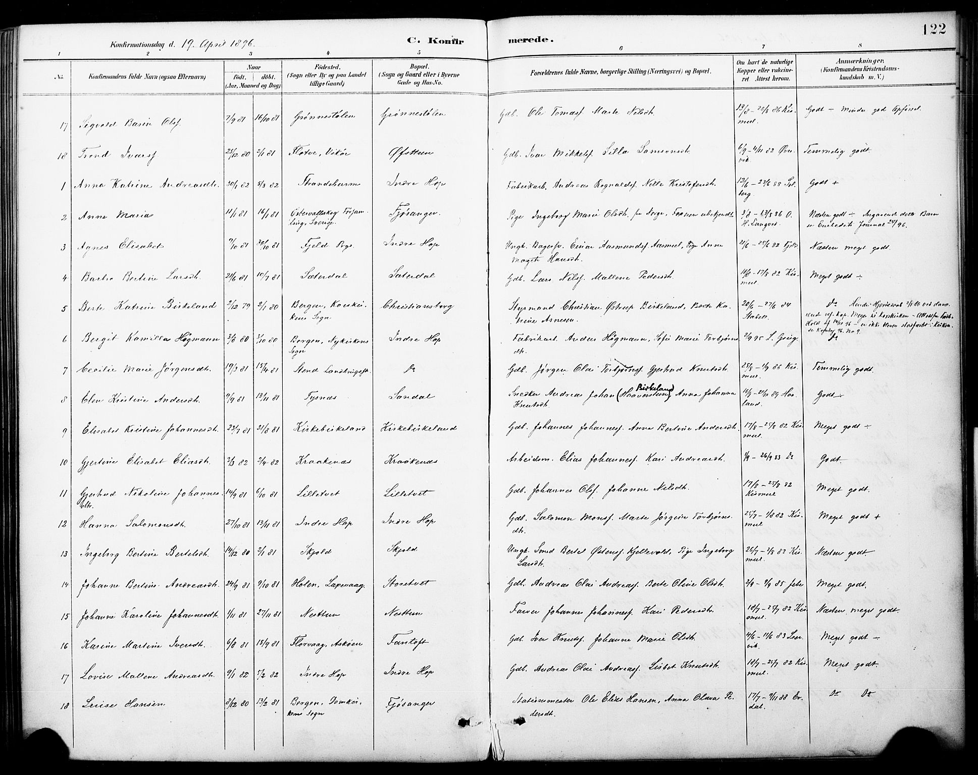 Fana Sokneprestembete, AV/SAB-A-75101/H/Haa/Haai/L0002: Parish register (official) no. I 2, 1888-1899, p. 122