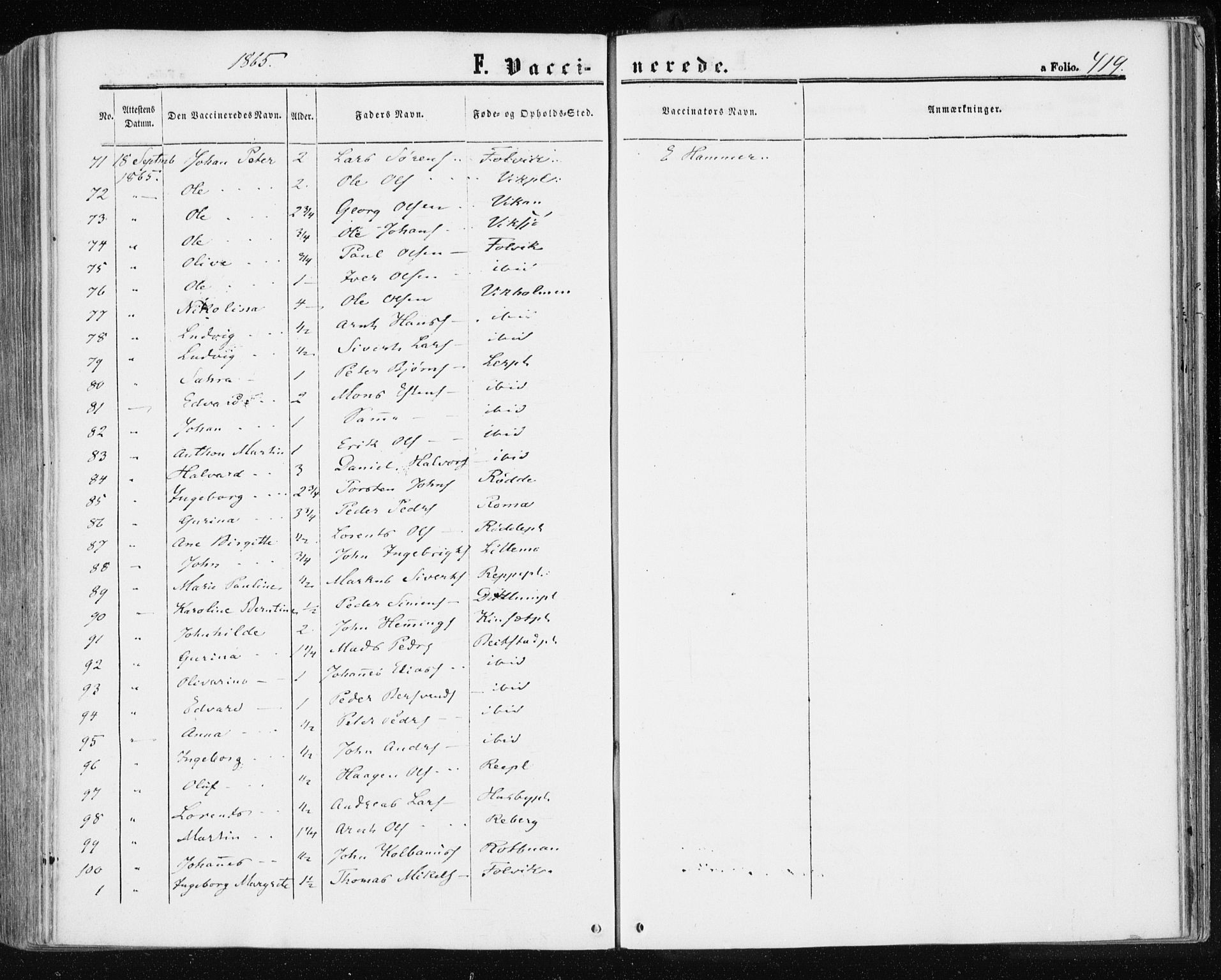 Ministerialprotokoller, klokkerbøker og fødselsregistre - Nord-Trøndelag, AV/SAT-A-1458/709/L0075: Parish register (official) no. 709A15, 1859-1870, p. 419