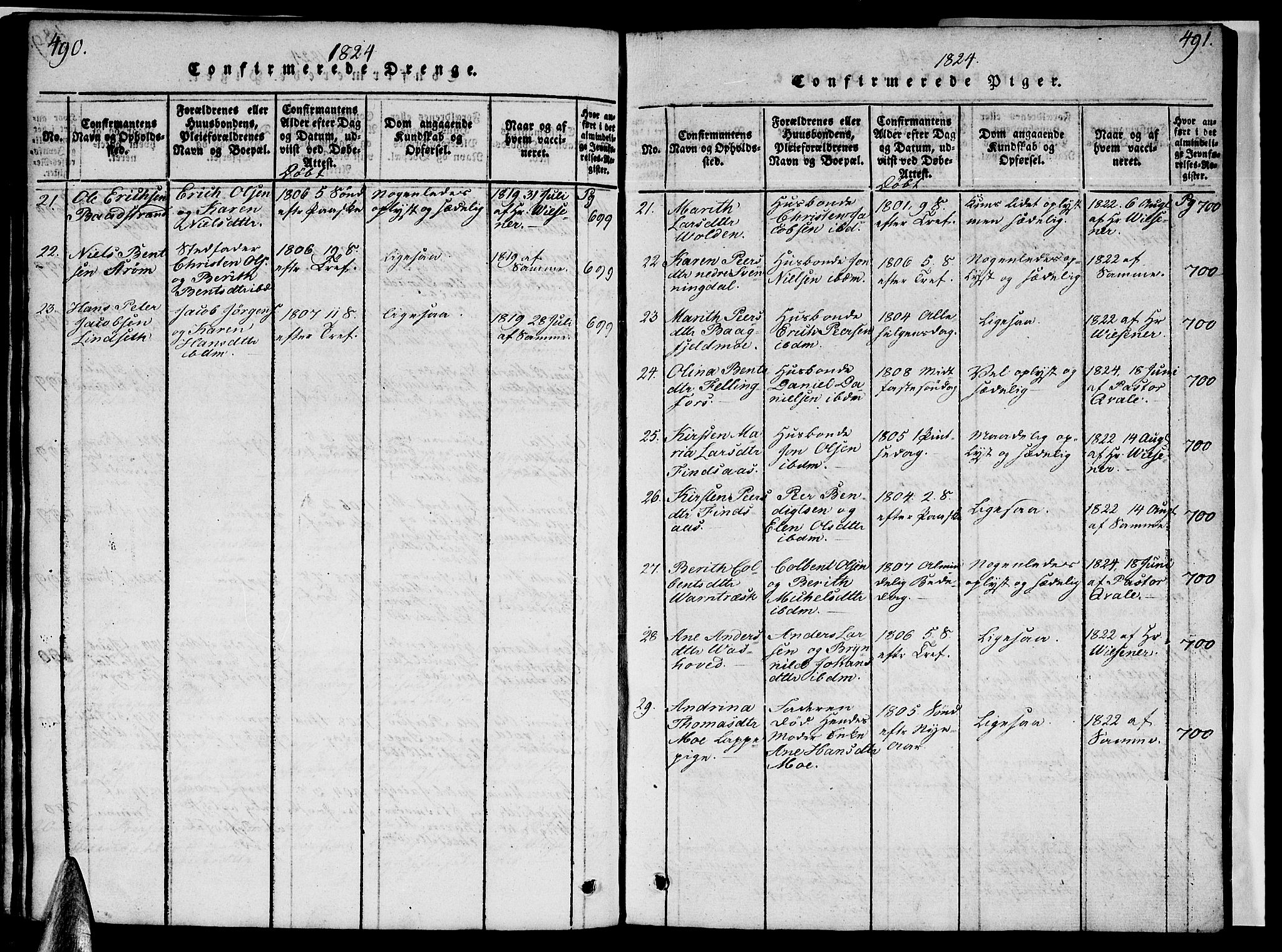 Ministerialprotokoller, klokkerbøker og fødselsregistre - Nordland, AV/SAT-A-1459/820/L0299: Parish register (copy) no. 820C01, 1820-1825, p. 490-491