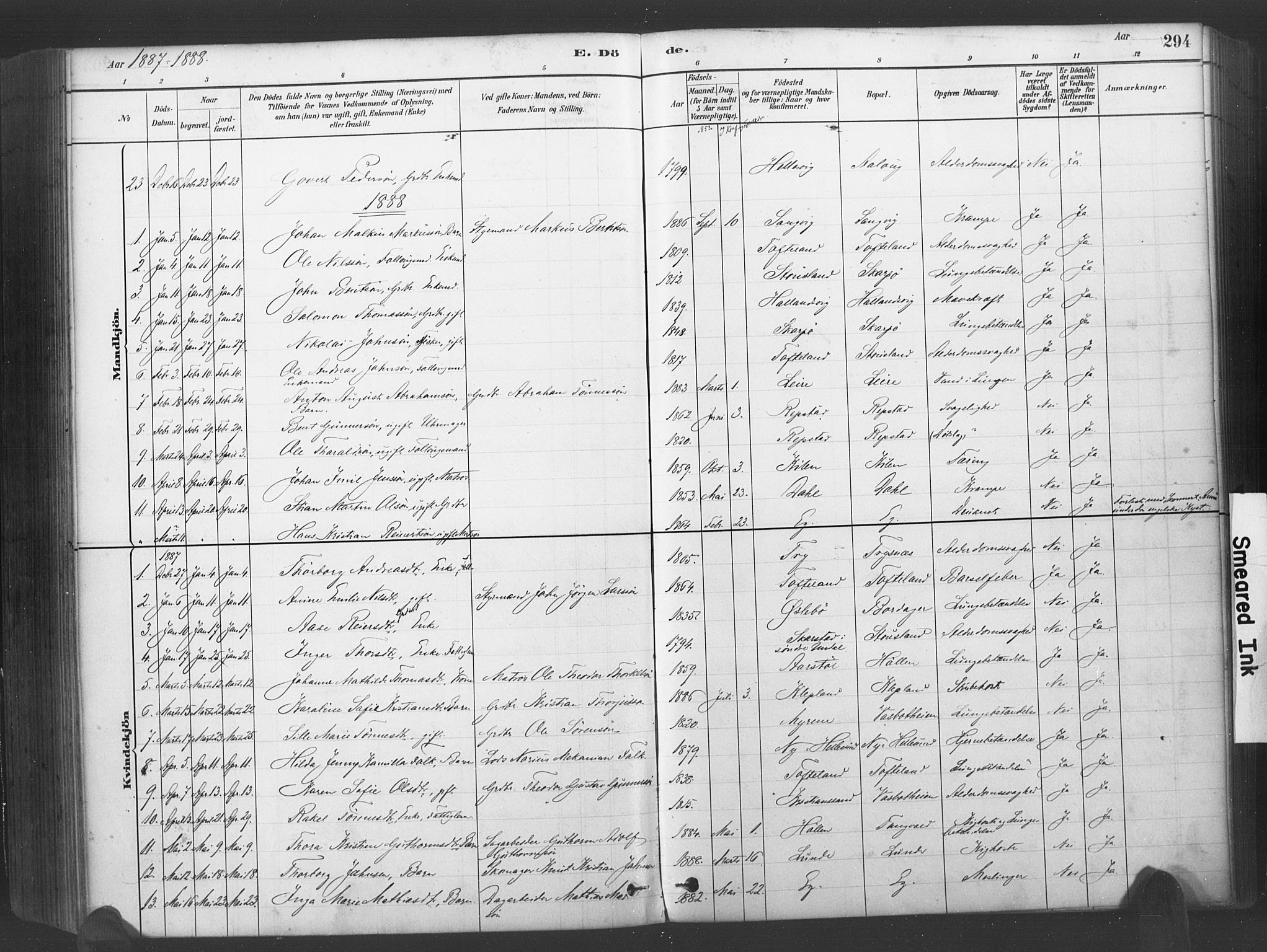 Søgne sokneprestkontor, SAK/1111-0037/F/Fa/Fab/L0012: Parish register (official) no. A 12, 1880-1891, p. 294