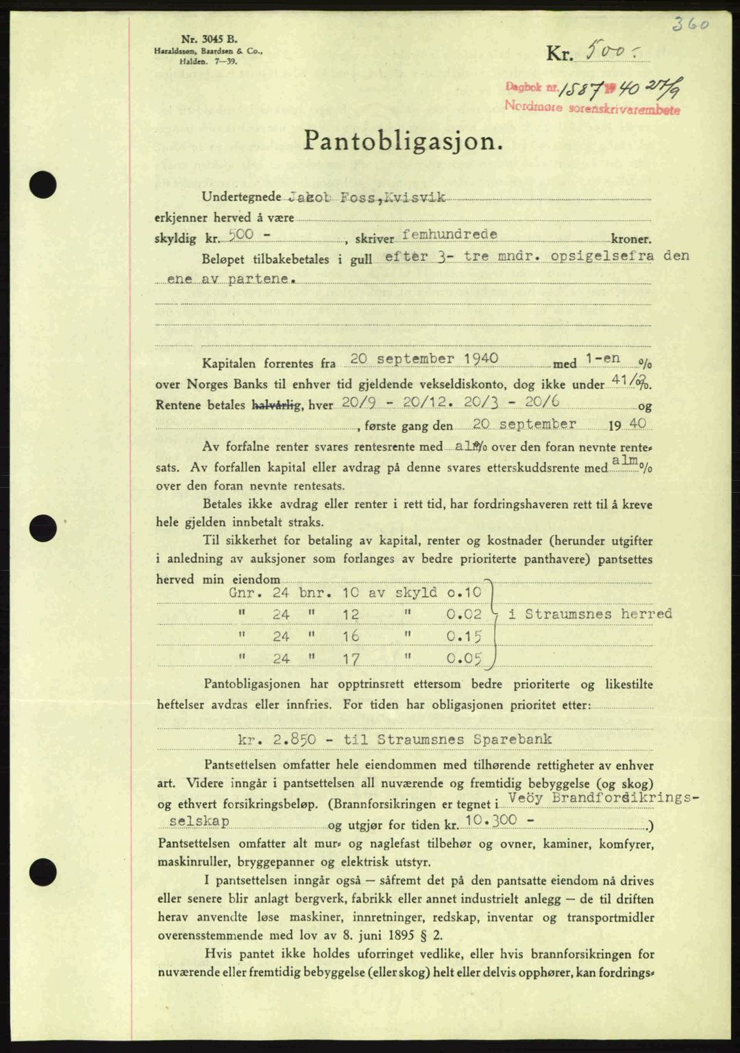 Nordmøre sorenskriveri, AV/SAT-A-4132/1/2/2Ca: Mortgage book no. B87, 1940-1941, Diary no: : 1587/1940