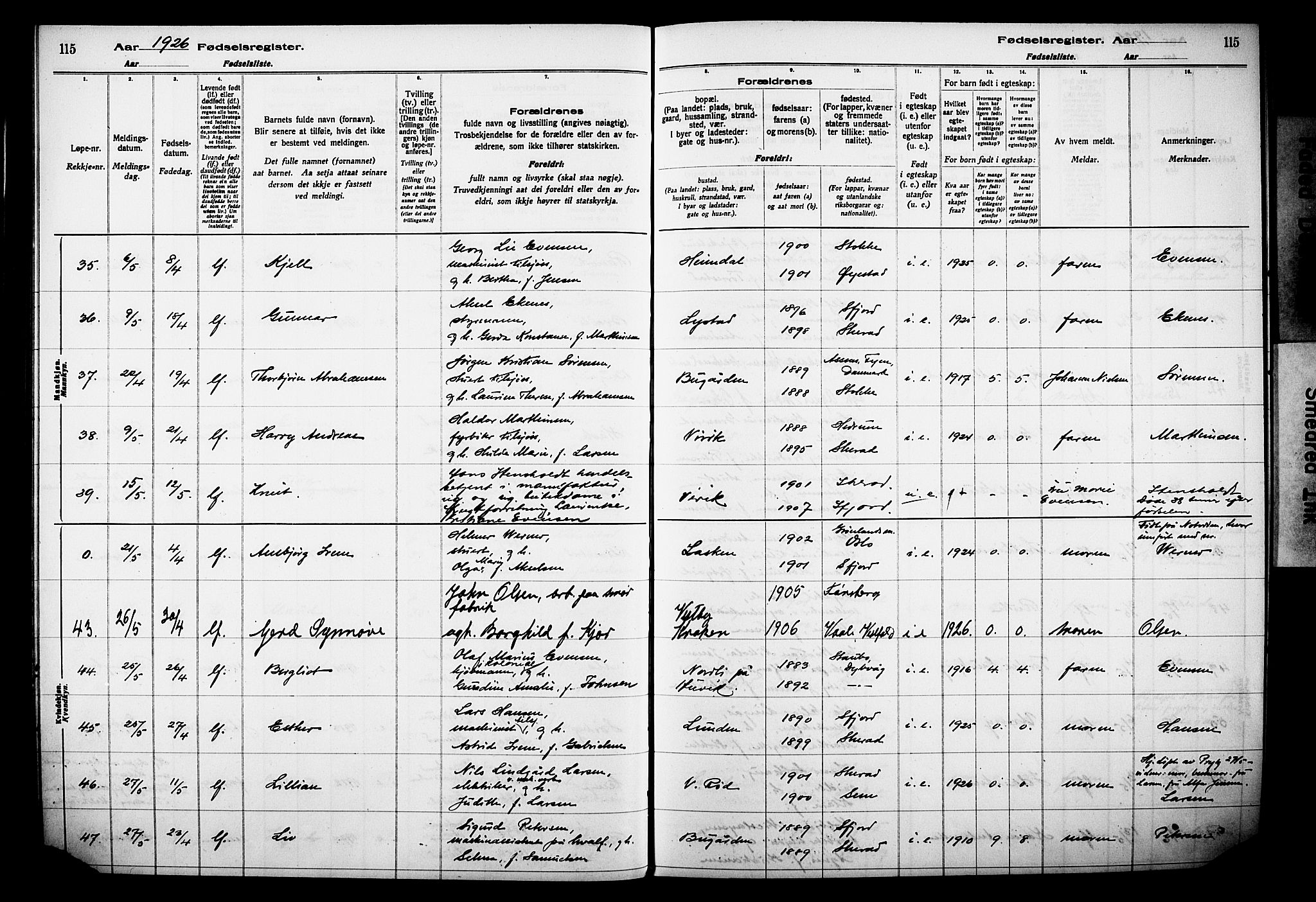 Sandar kirkebøker, AV/SAKO-A-243/J/Ja/L0002: Birth register no. 2, 1922-1929, p. 115