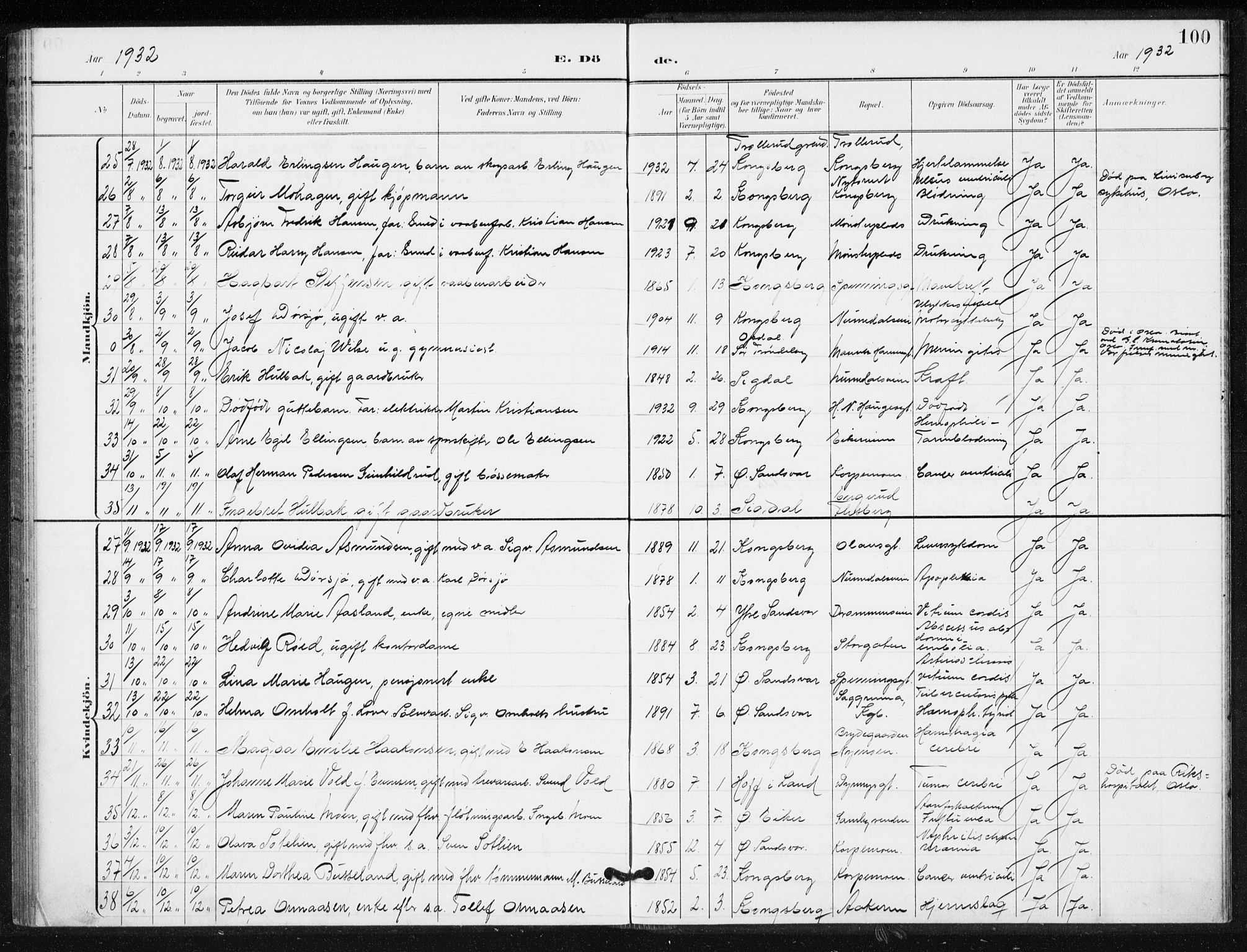 Kongsberg kirkebøker, AV/SAKO-A-22/G/Ga/L0009: Parish register (copy) no. 9, 1932-1938, p. 100