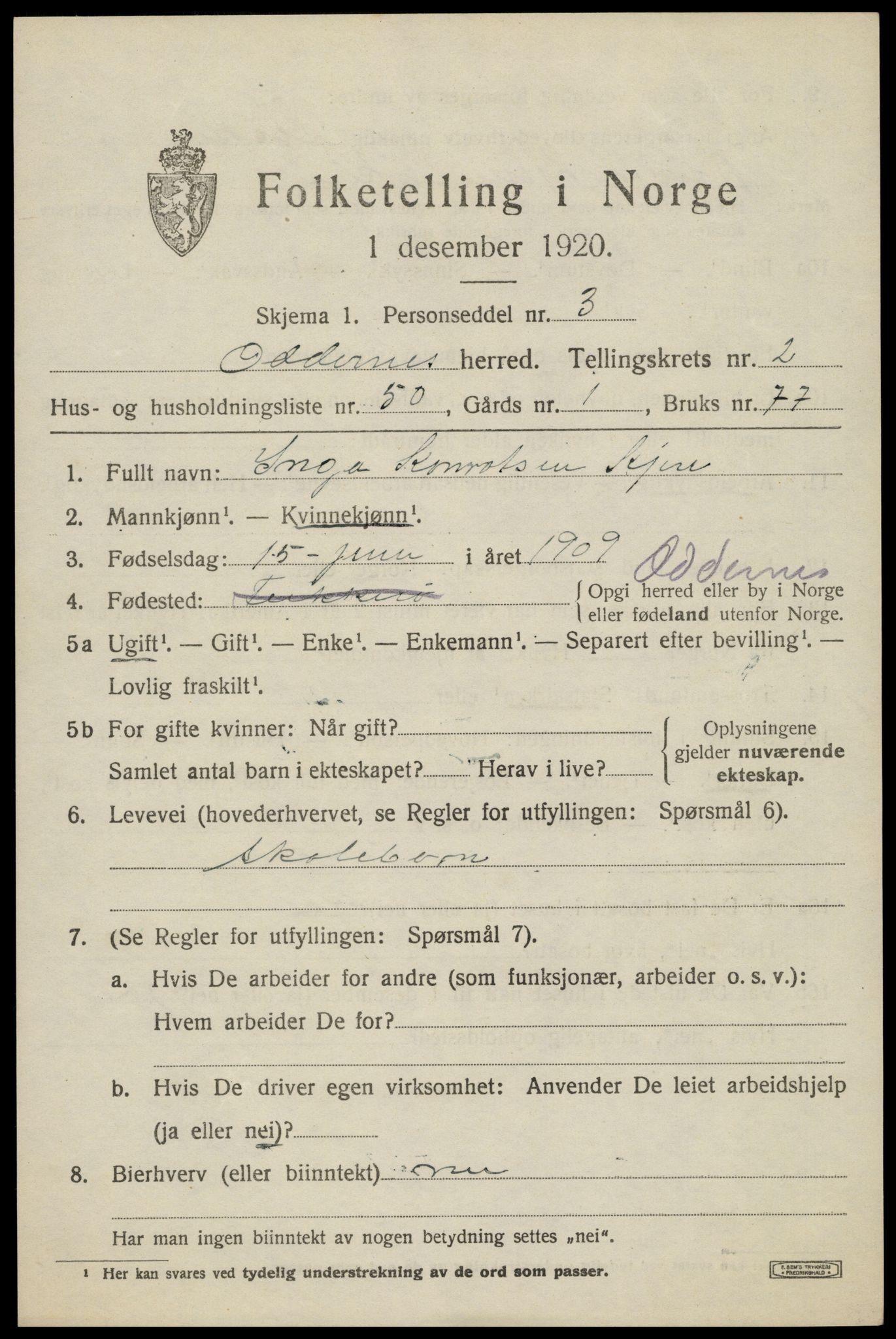 SAK, 1920 census for Oddernes, 1920, p. 3345