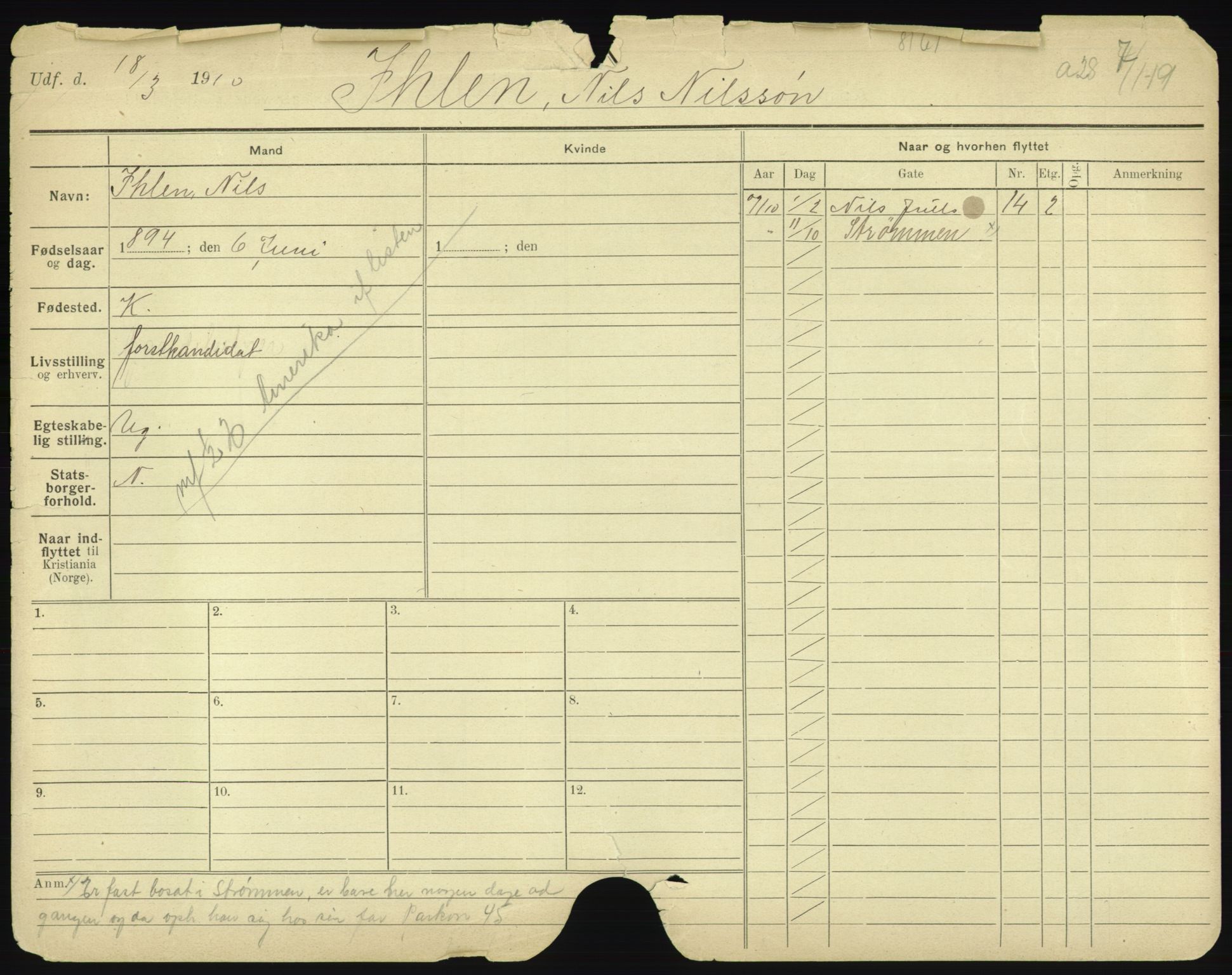 Oslo folkeregister, Registerkort, AV/SAO-A-11715/F/Fa/Fac/L0005: Menn, 1906-1914, p. 7a