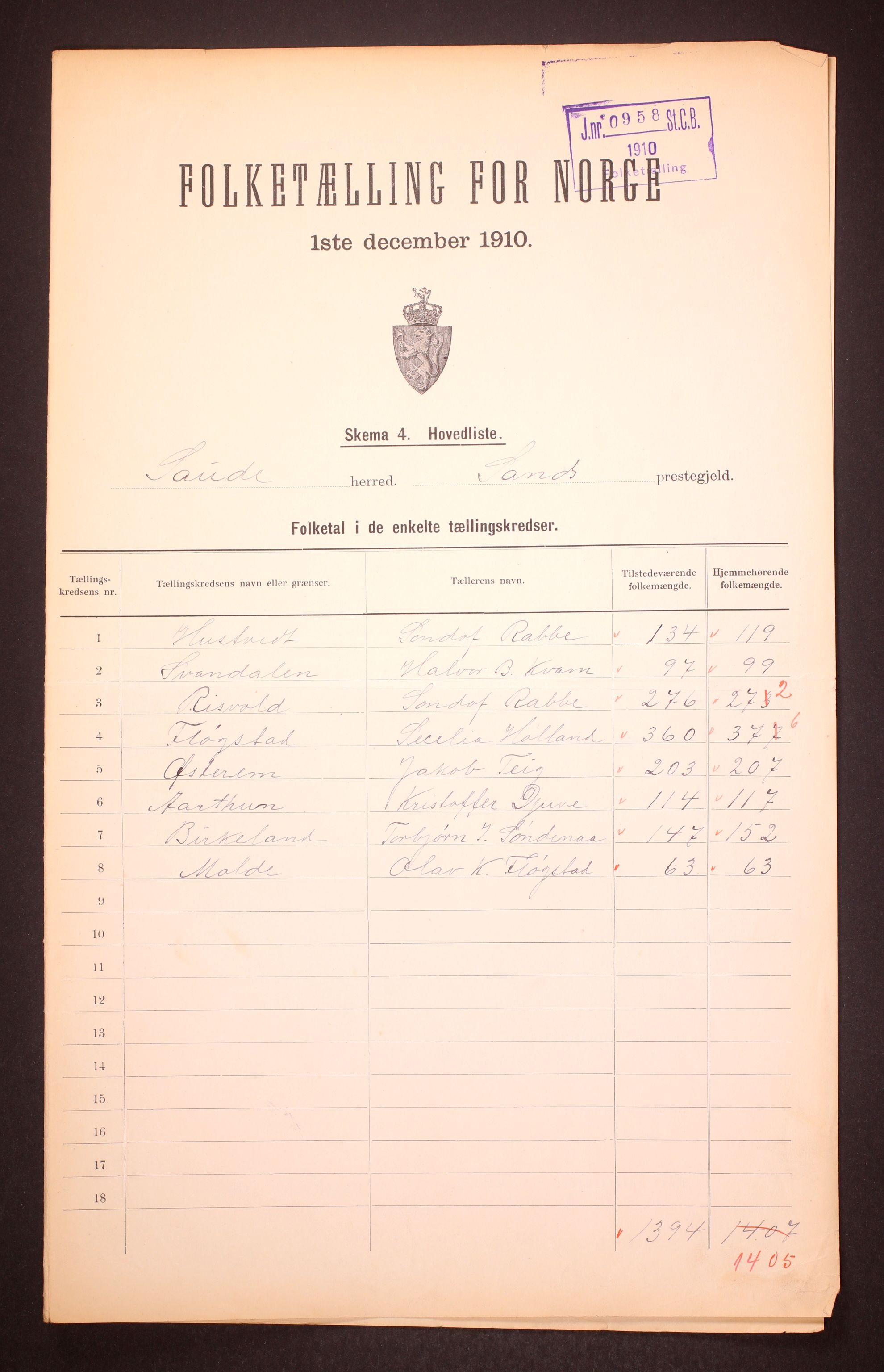 RA, 1910 census for Sauda, 1910, p. 2