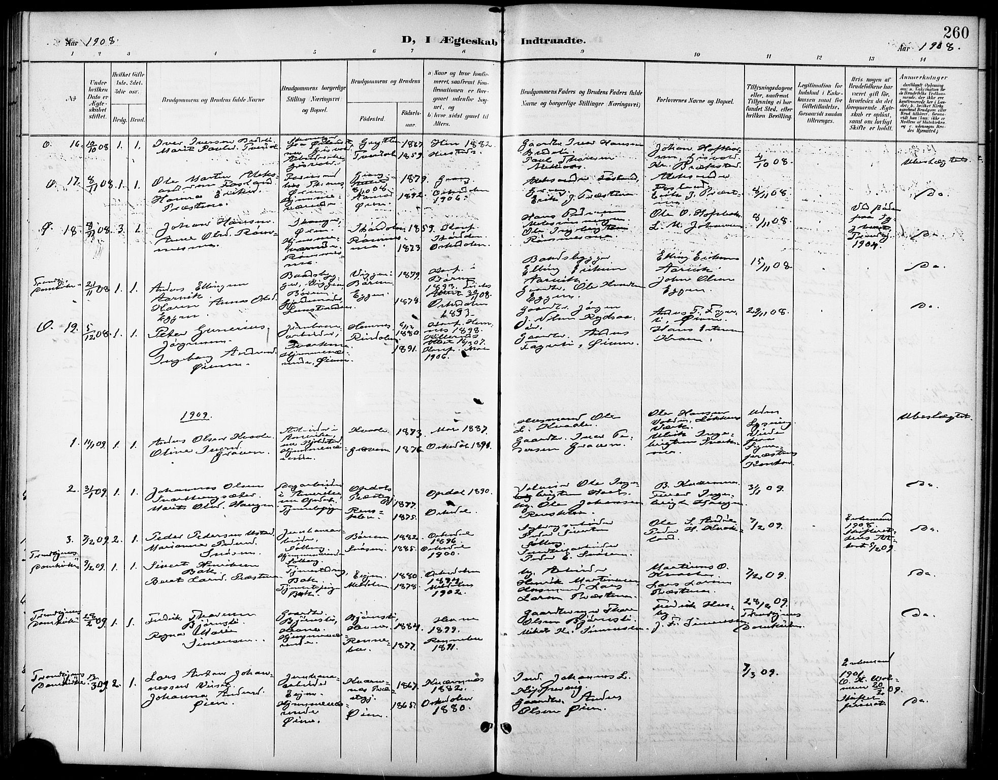 Ministerialprotokoller, klokkerbøker og fødselsregistre - Sør-Trøndelag, SAT/A-1456/668/L0819: Parish register (copy) no. 668C08, 1899-1912, p. 260