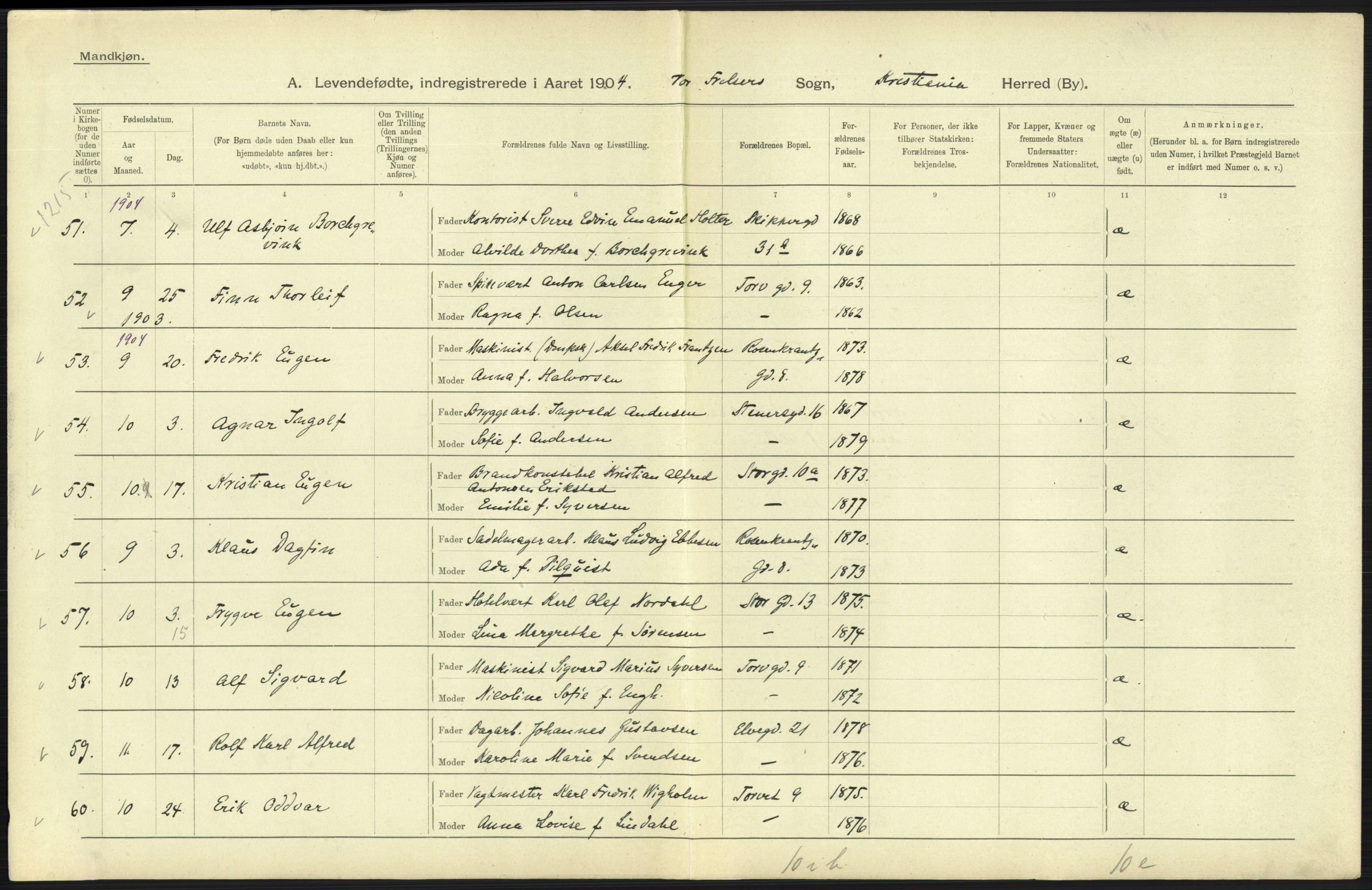 Statistisk sentralbyrå, Sosiodemografiske emner, Befolkning, AV/RA-S-2228/D/Df/Dfa/Dfab/L0003: Kristiania: Fødte, 1904, p. 225