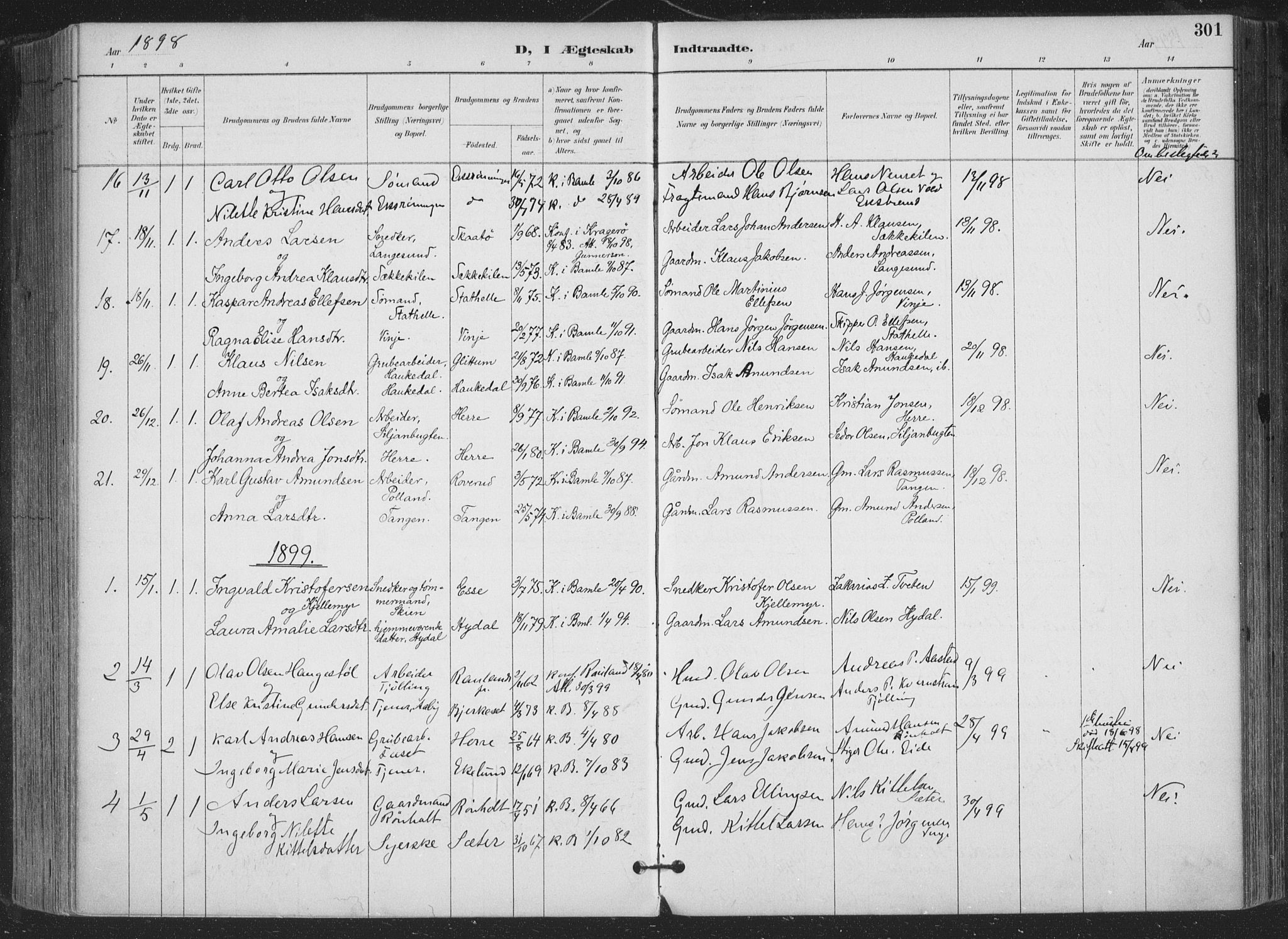 Bamble kirkebøker, SAKO/A-253/F/Fa/L0008: Parish register (official) no. I 8, 1888-1900, p. 301